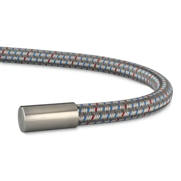 Gray synthetic rope with red and blue flecks and metal end cap