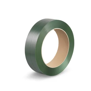 Green plastic strapping band coil with cardboard core