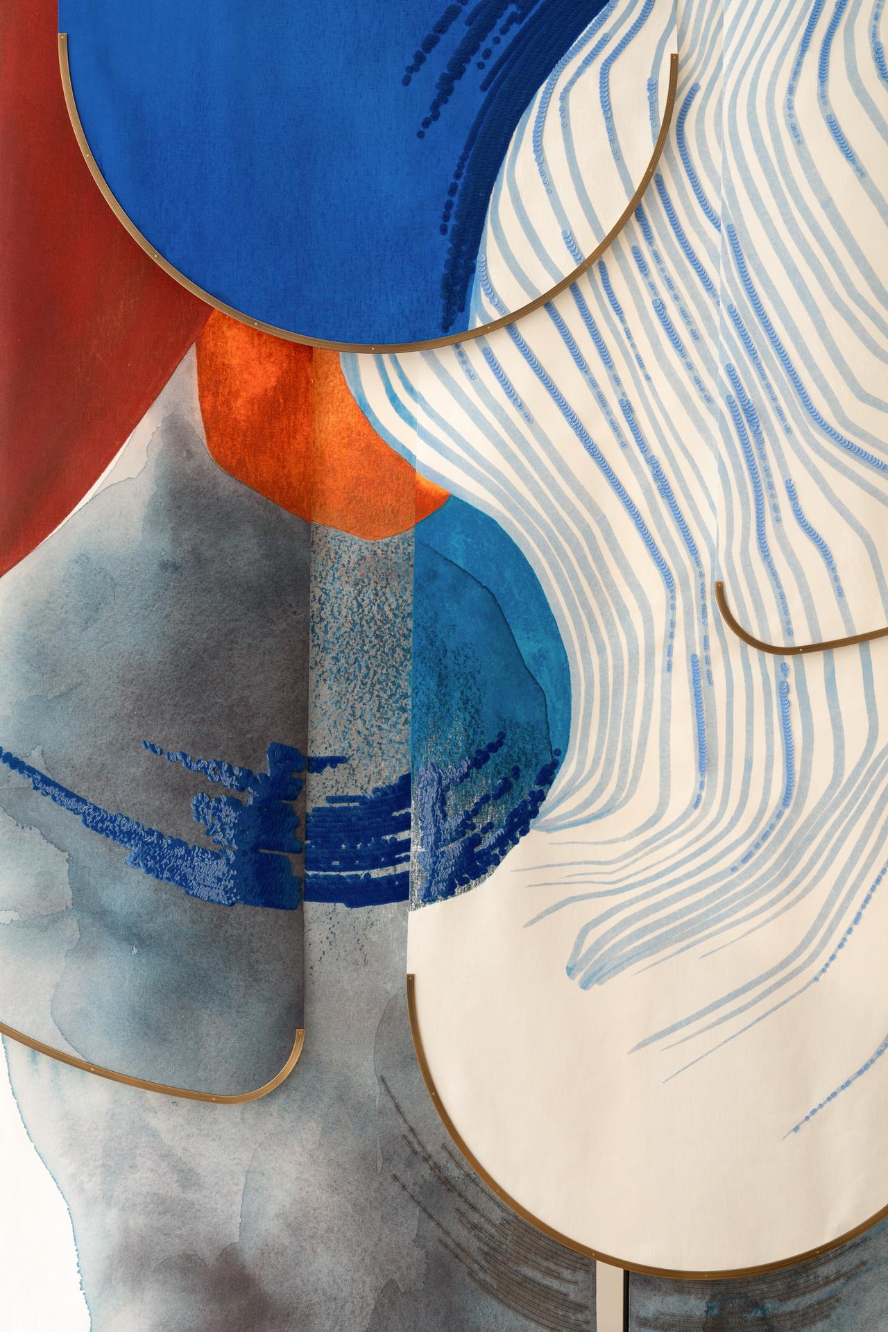 Abstract artwork with bold blue, red, and orange shapes overlaid with curved, wavy lines on a textured background.