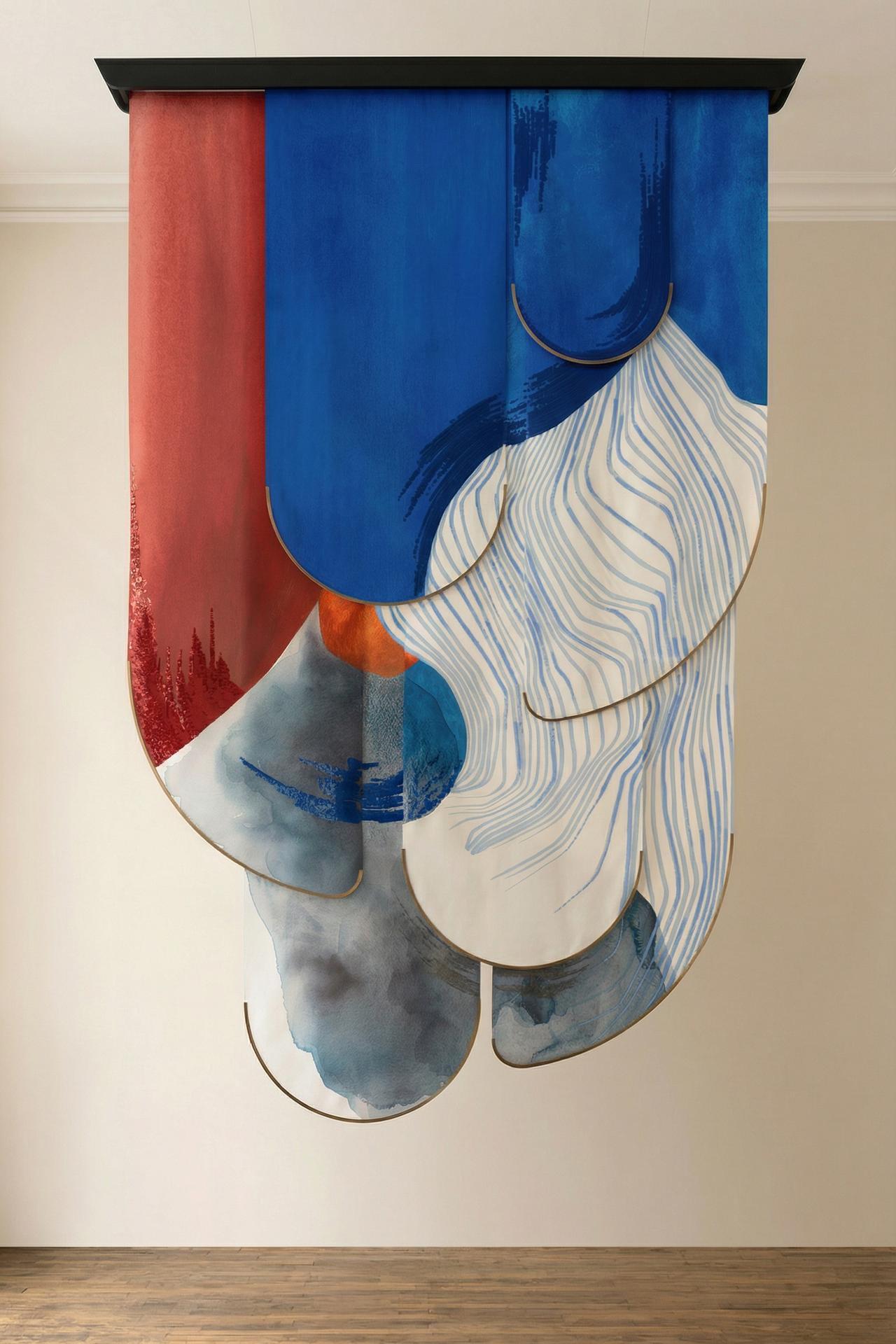 Abstract installation with overlapping panels of red, blue, and white with wavy patterns, hanging from a ceiling in a minimalistic room.