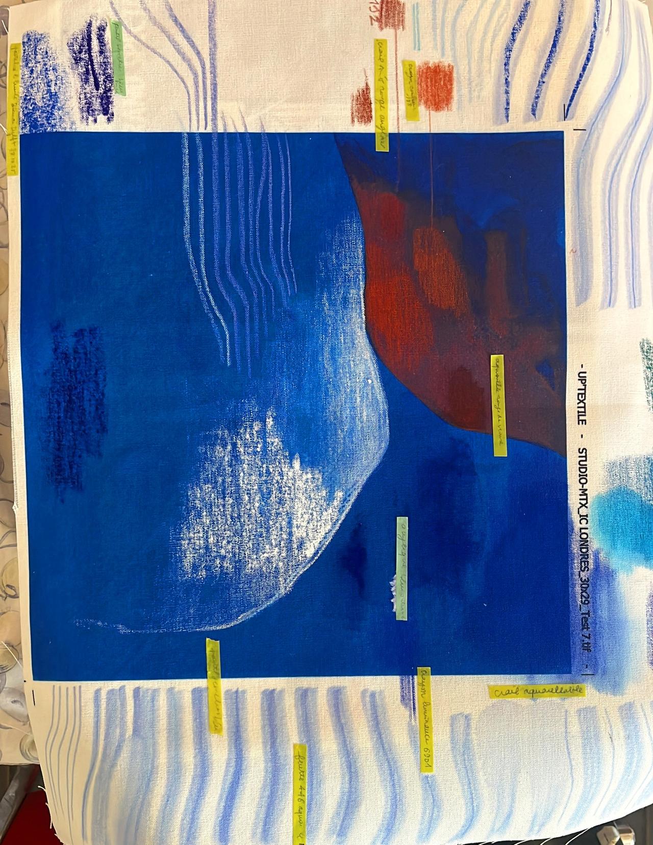 Abstract artwork featuring a deep blue background with white, teal, and rust-colored shapes. Handwritten notes on colored paper strips surround it.