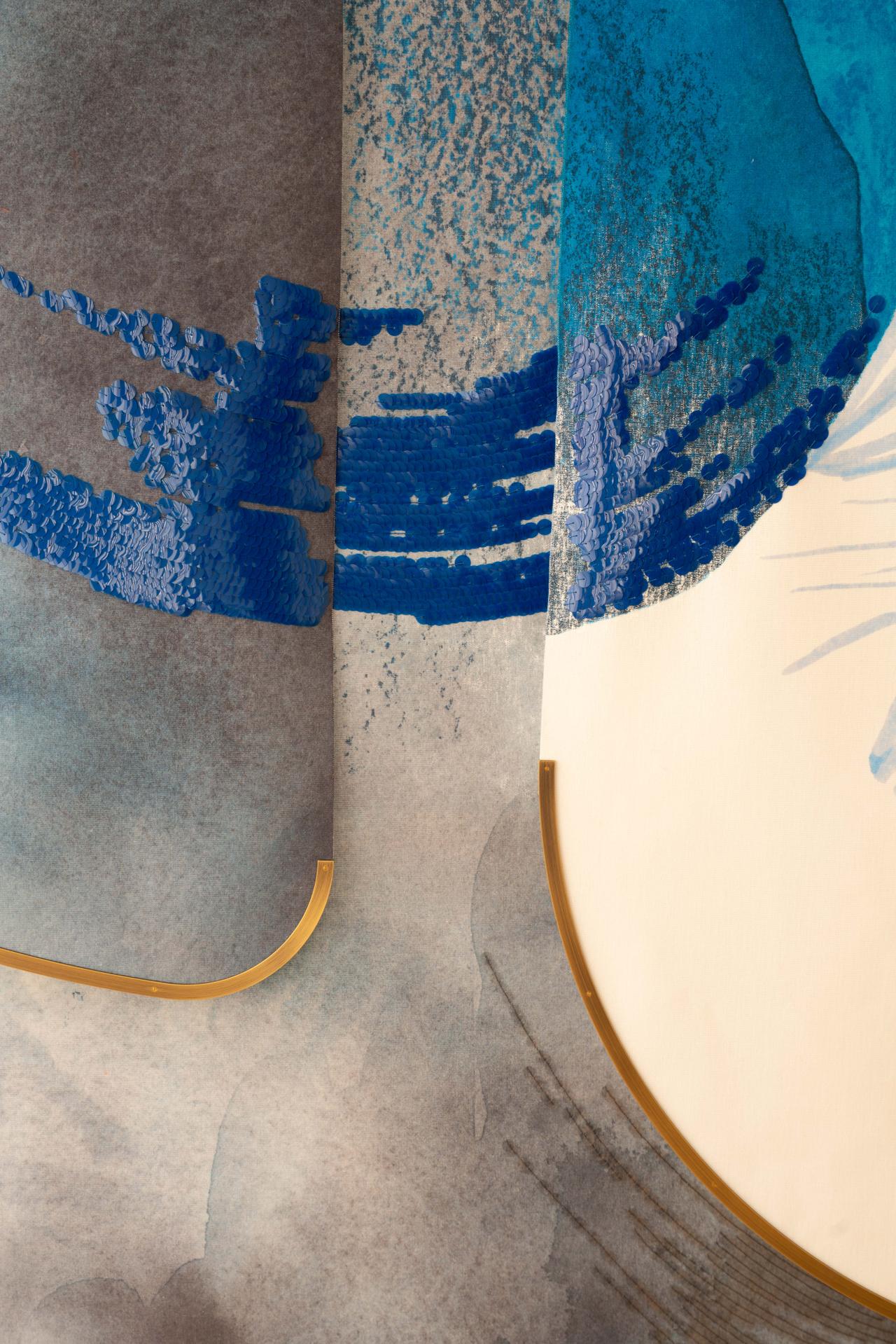 Abstract artwork with layered textures in blue and gray tones, accented by gold curved lines on the edges, creating a dynamic composition.