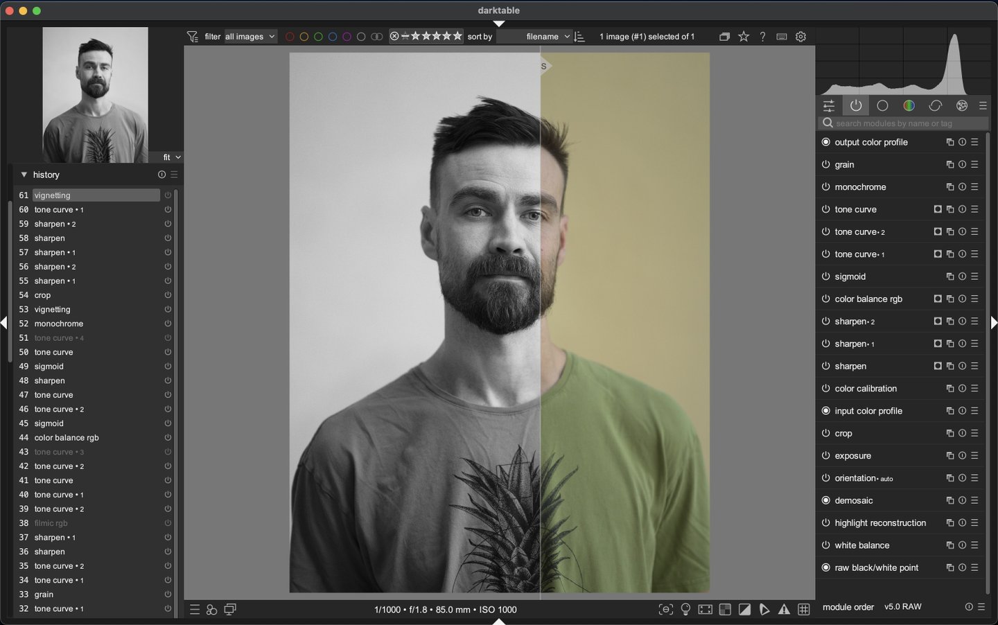 A screenshot of editing a photo in Darktable software, showing the after and a bit of before for the edited image.