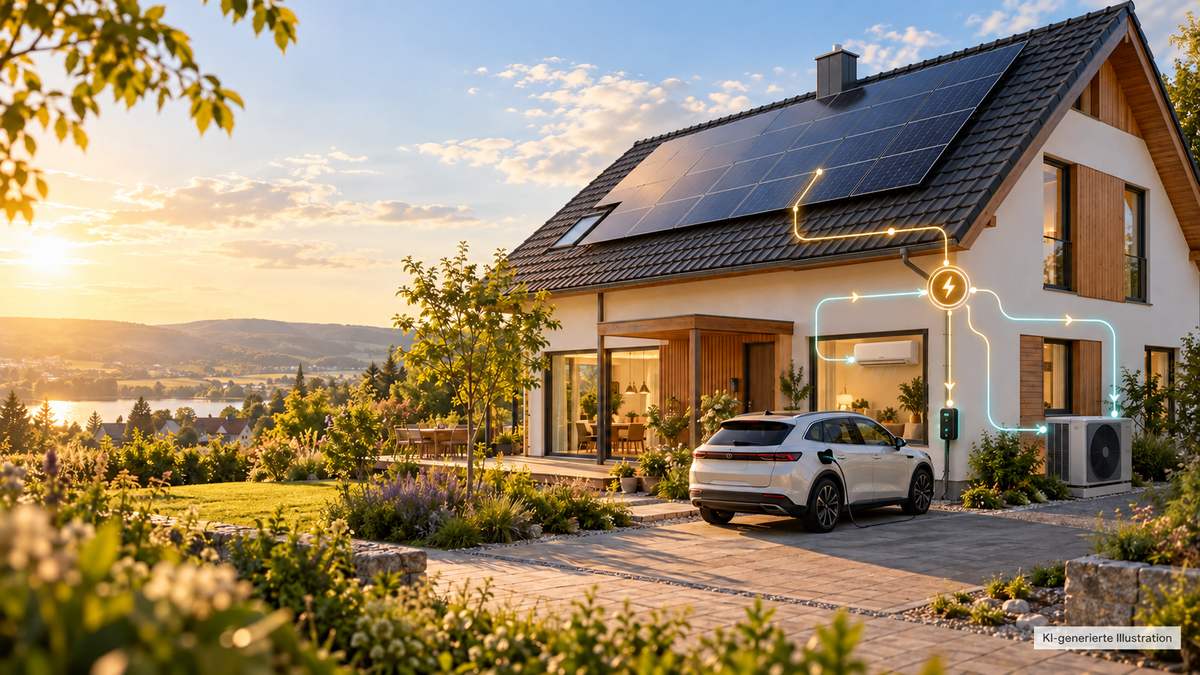 Einfamilienhaus mit Solardach, Wallbox, Klimaanlage und Wärmepumpe (KI-generierte Illustration)
