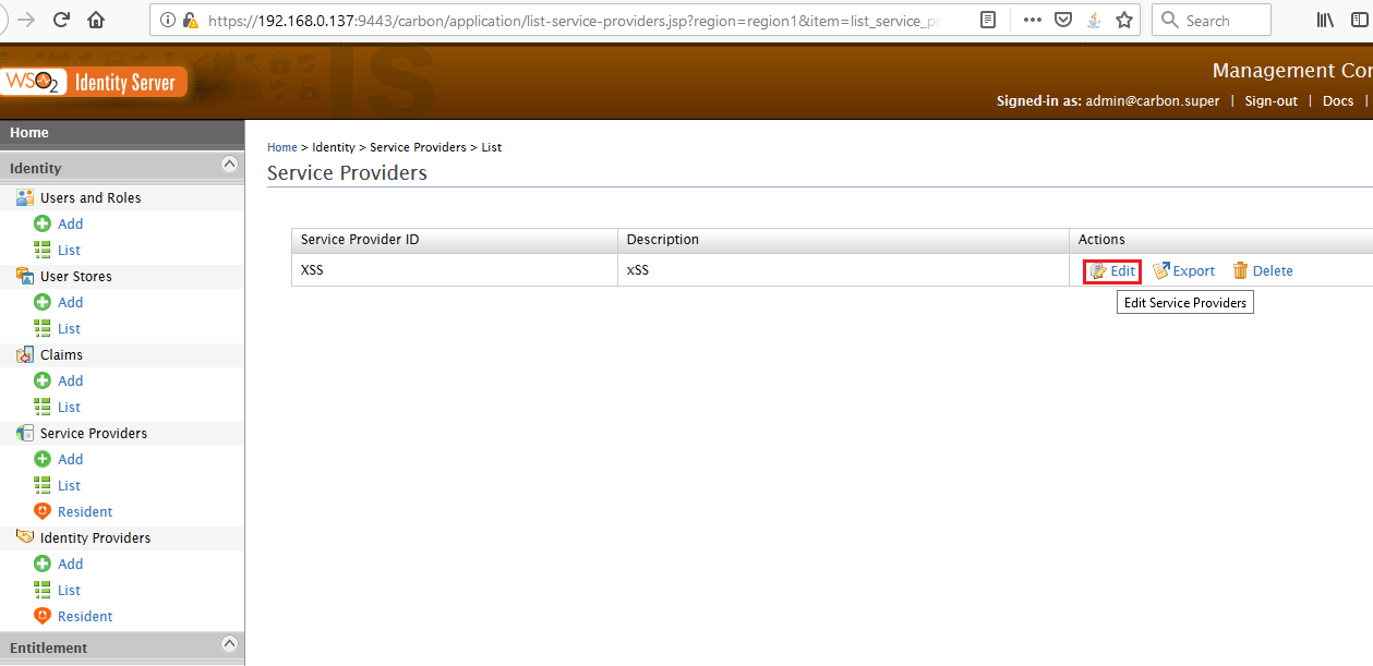 Web interface showing a list of service providers with options to edit, export, or delete entries. Logged in as admin.