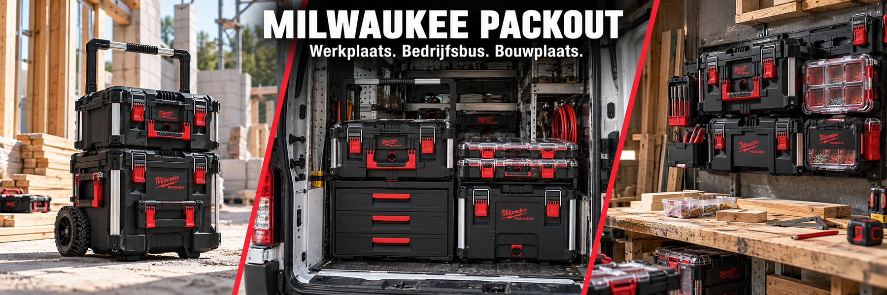 Milwaukee PACKOUT op de bouwplaats, in de bedrijfsbus en aan de werkplaatswand