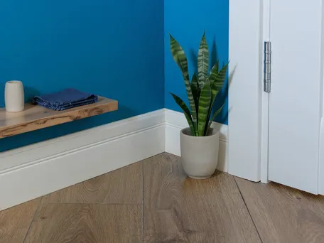 Witte plinten bij een blauwe wand, met een plant en houten wandplank