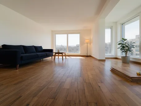 Ingerichte woonkamer met laminaatvloer, blauwe bank en losse vloerplanken