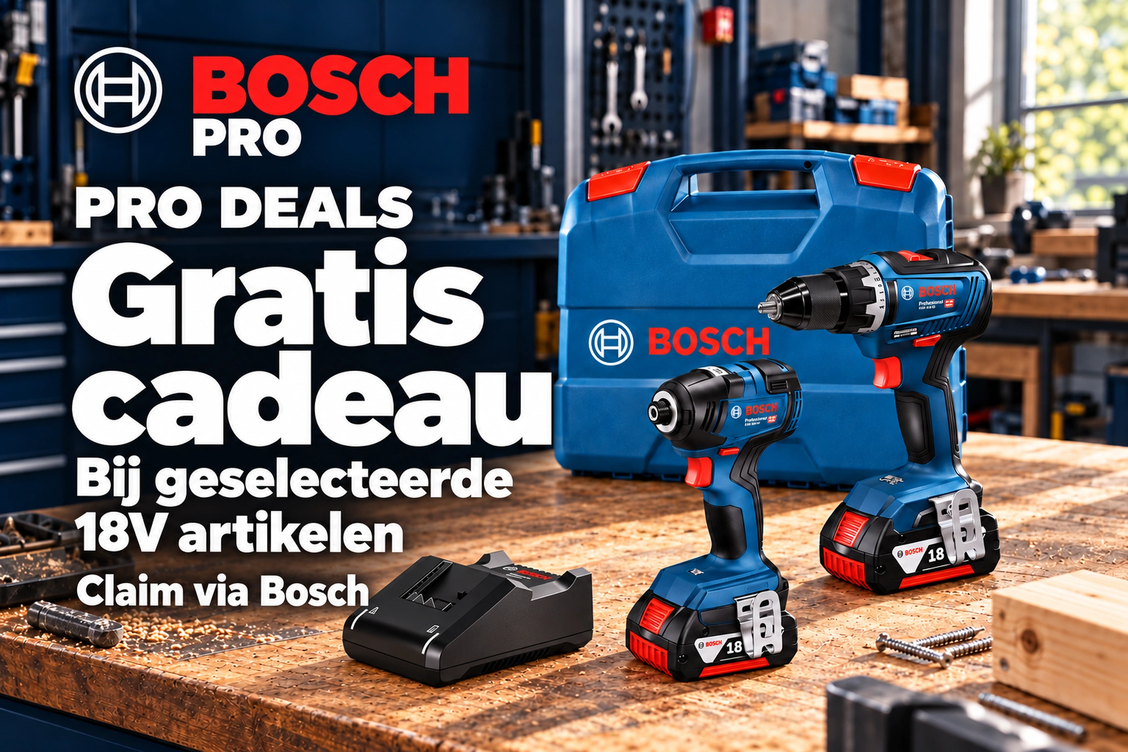 Bosch Professional accuboormachines op een werkbank, PRO Deals met een gratis cadeau.