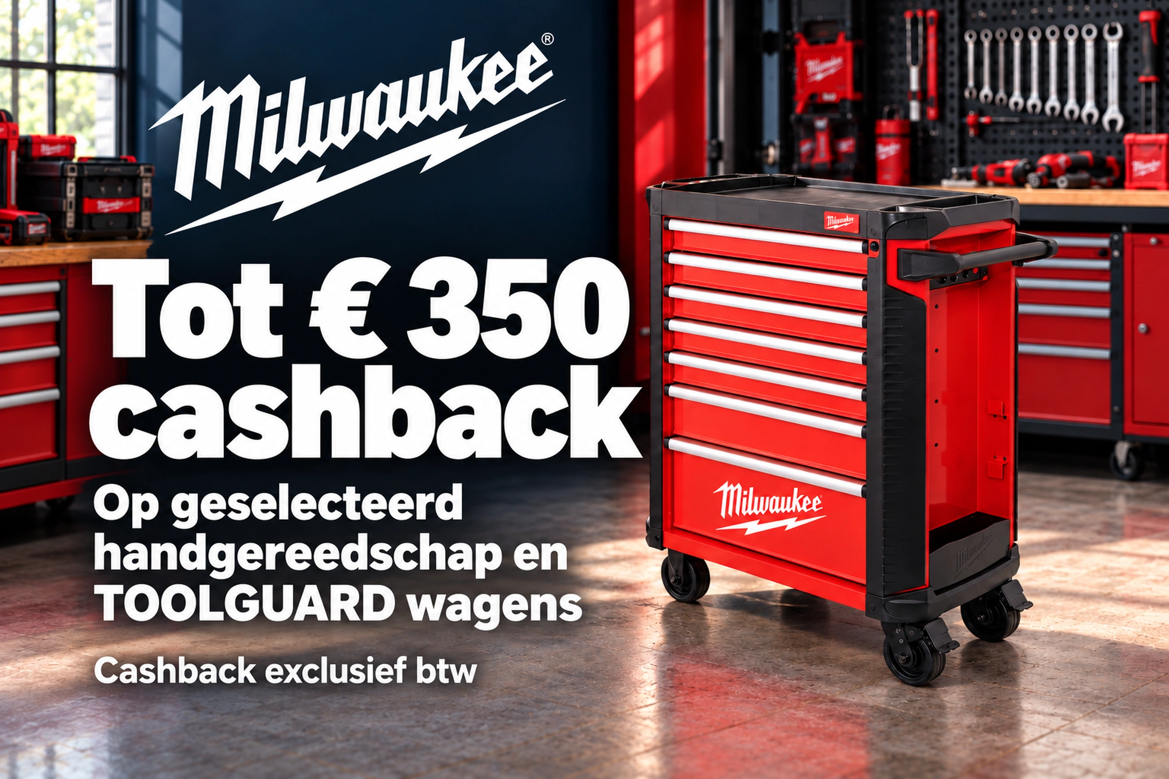 Milwaukee TOOLGUARD gereedschapswagen in een werkplaats, met cashback tot 350 euro.