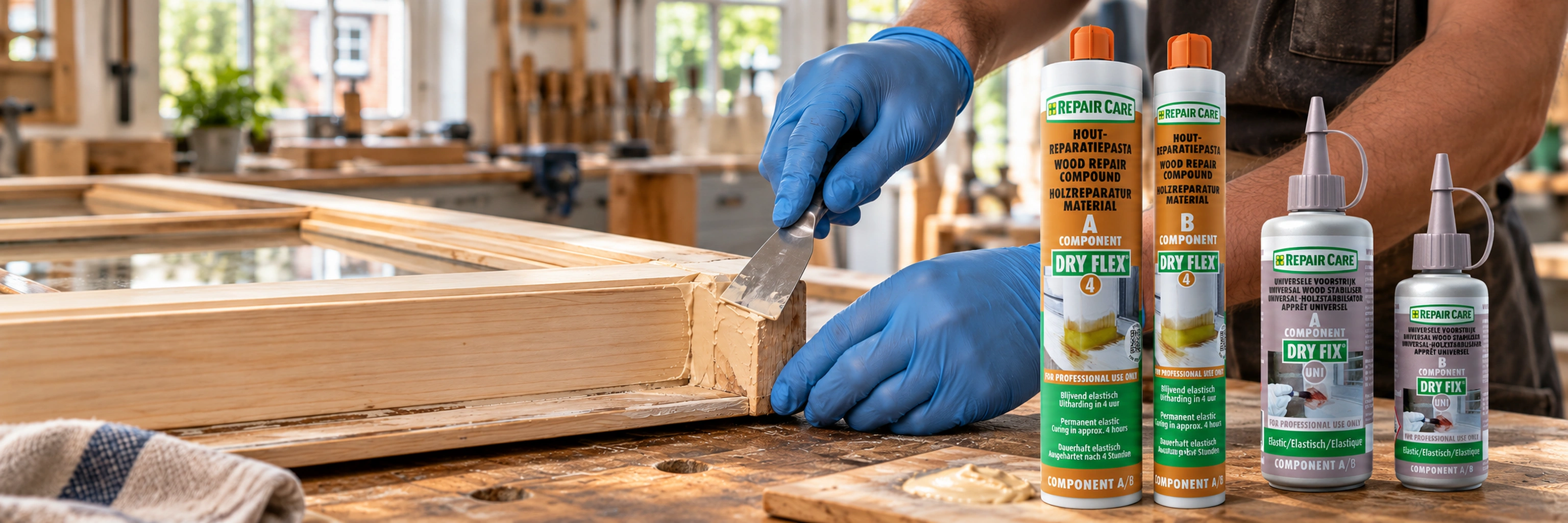Repair Care DRY FLEX 4 en DRY FIX UNI bij houtreparatie aan een kozijn