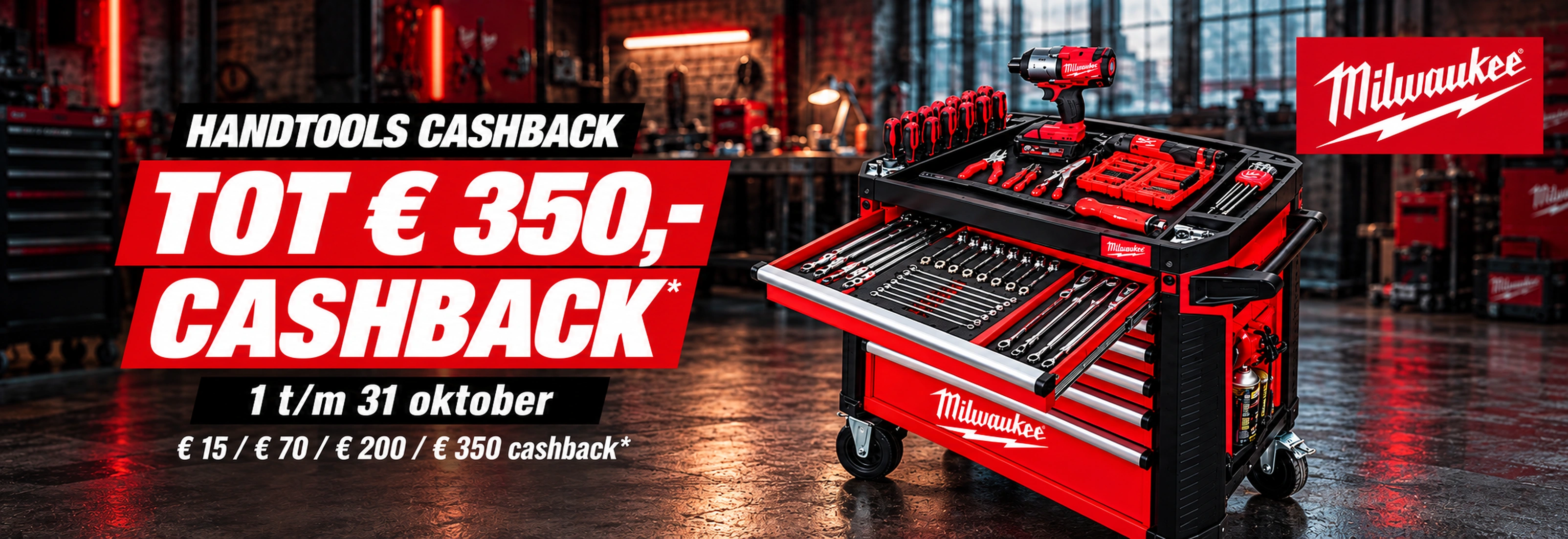 A Milwaukee tool cart filled with various hand tools and power tools in a workshop. Bold text advertises a cashback offer up to €350.