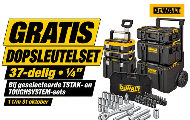 DeWalt promotion for a free 37-piece socket set with selected TSTAK and TOUGHSYSTEM sets, valid from October 1 to 31.