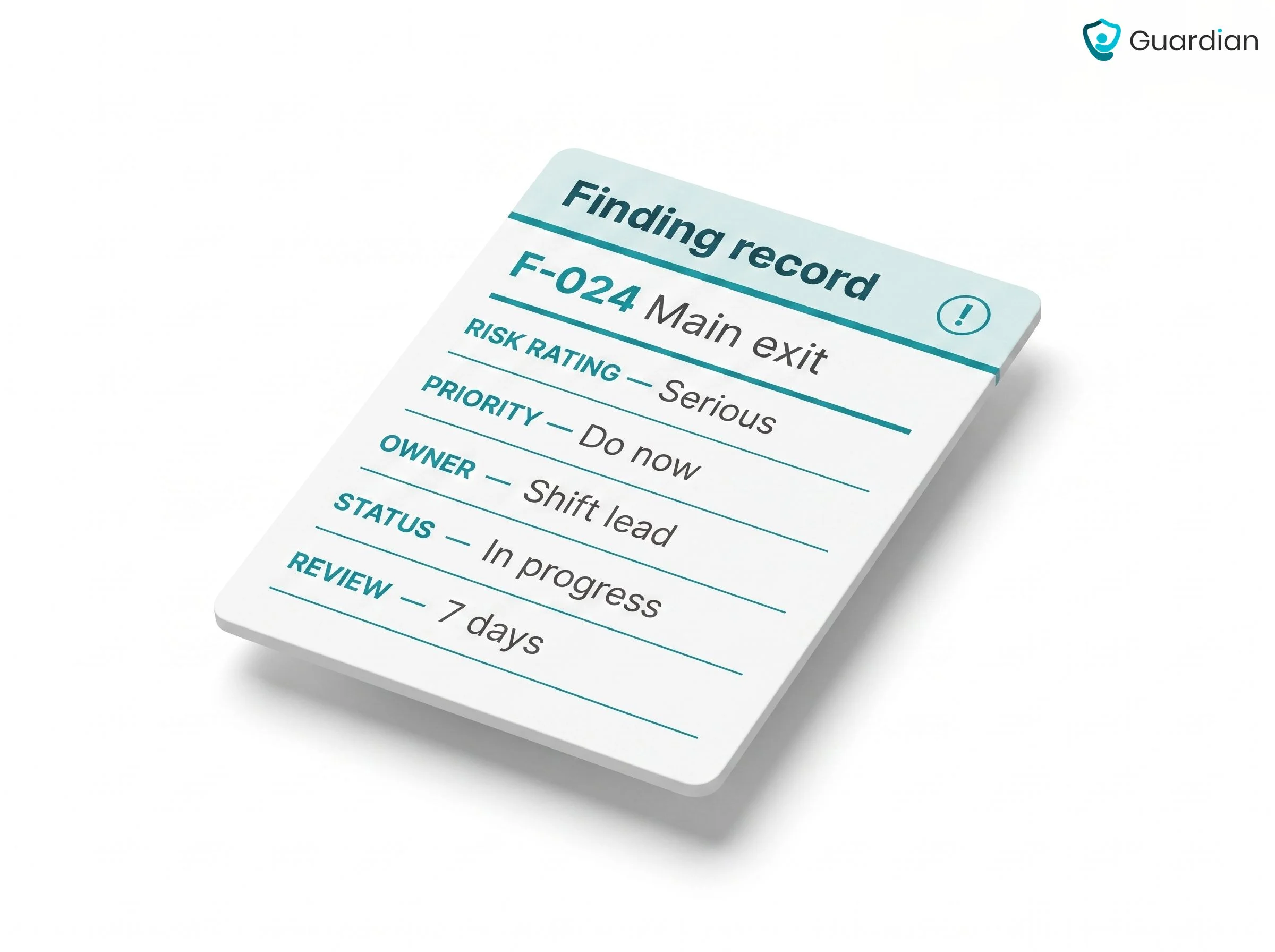 Sample prioritised finding record card showing separate fields for risk rating, action priority, owner, status and review...