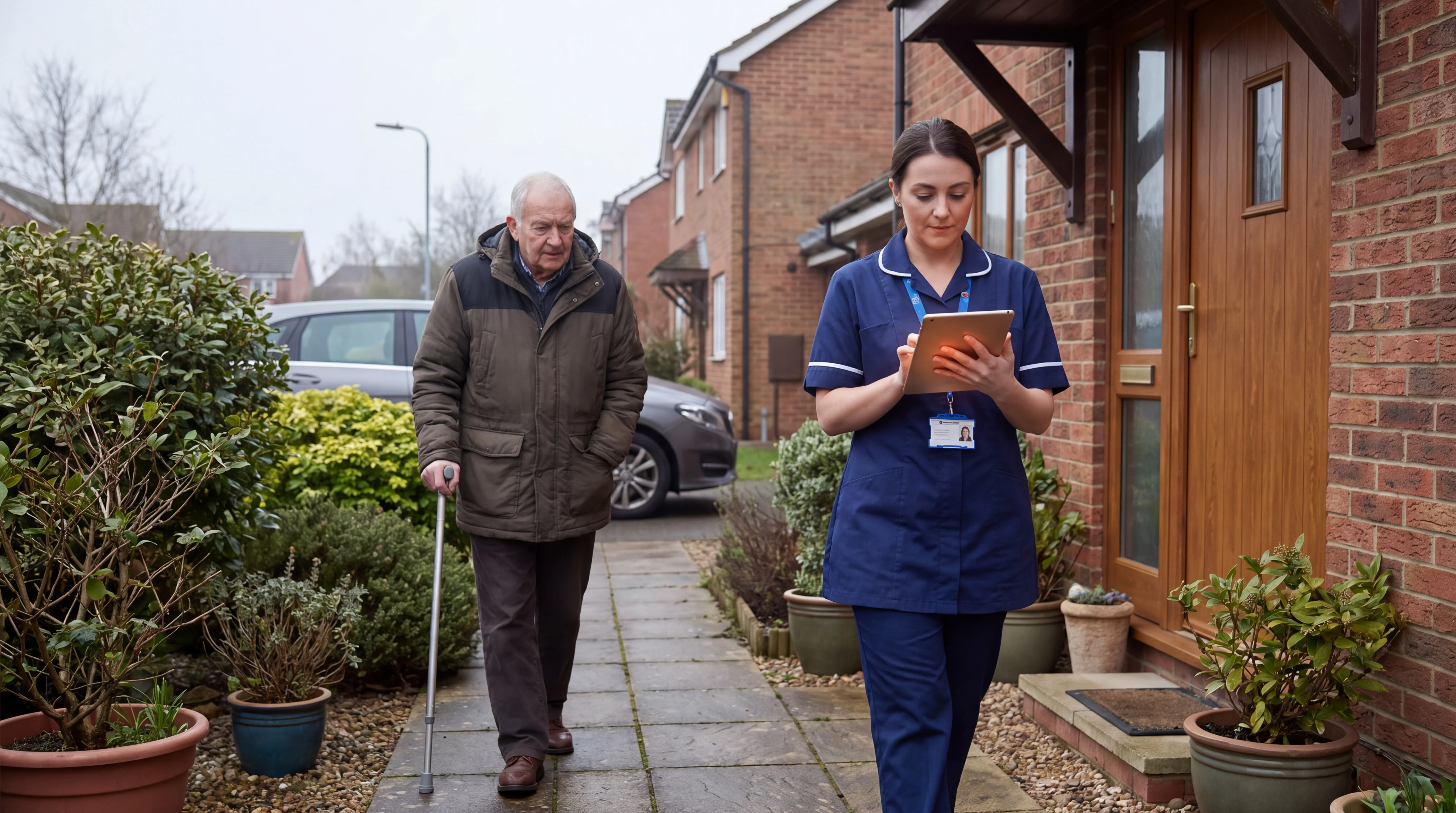 An assessor crouches to check an uneven paving slab while an older woman with a walking frame moves along the path from th...