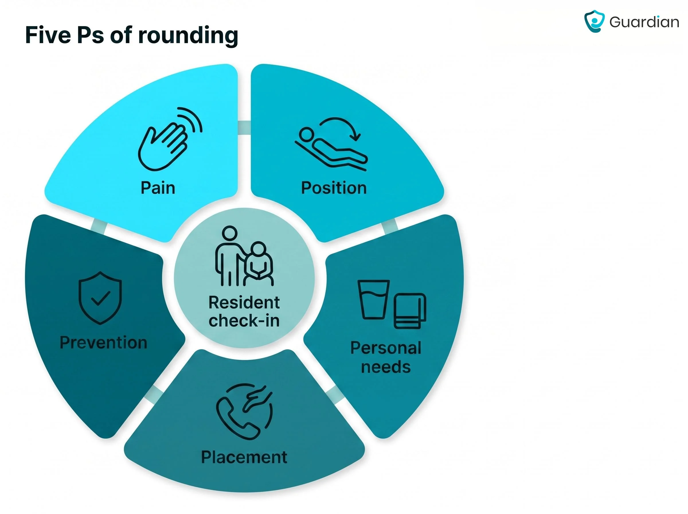 Wheel diagram of the five Ps of purposeful rounding — pain, position, personal needs, placement and prevention — around a...