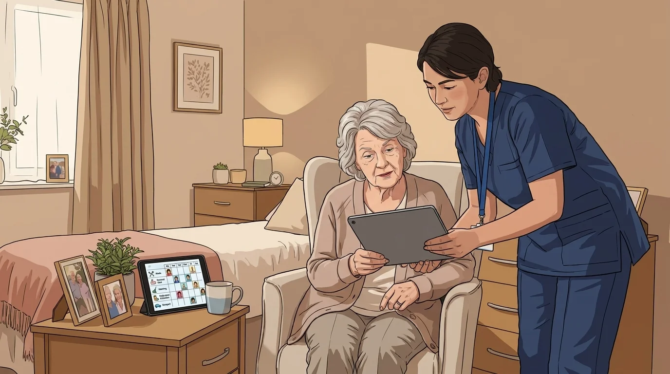 WikiHow-style illustration of an older parent and local helper reviewing a weekly support schedule on a tablet