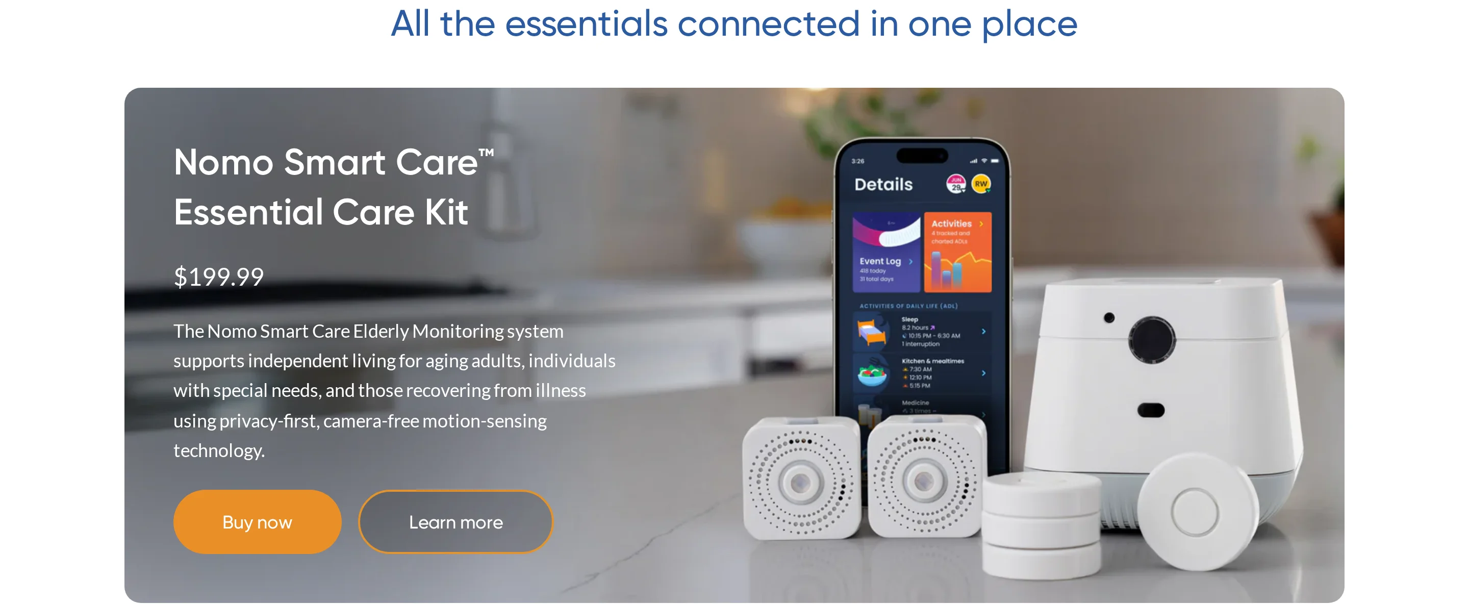 Nomo Smart Care monitoring system with Hub Satellites Tags and caregiver alerts
