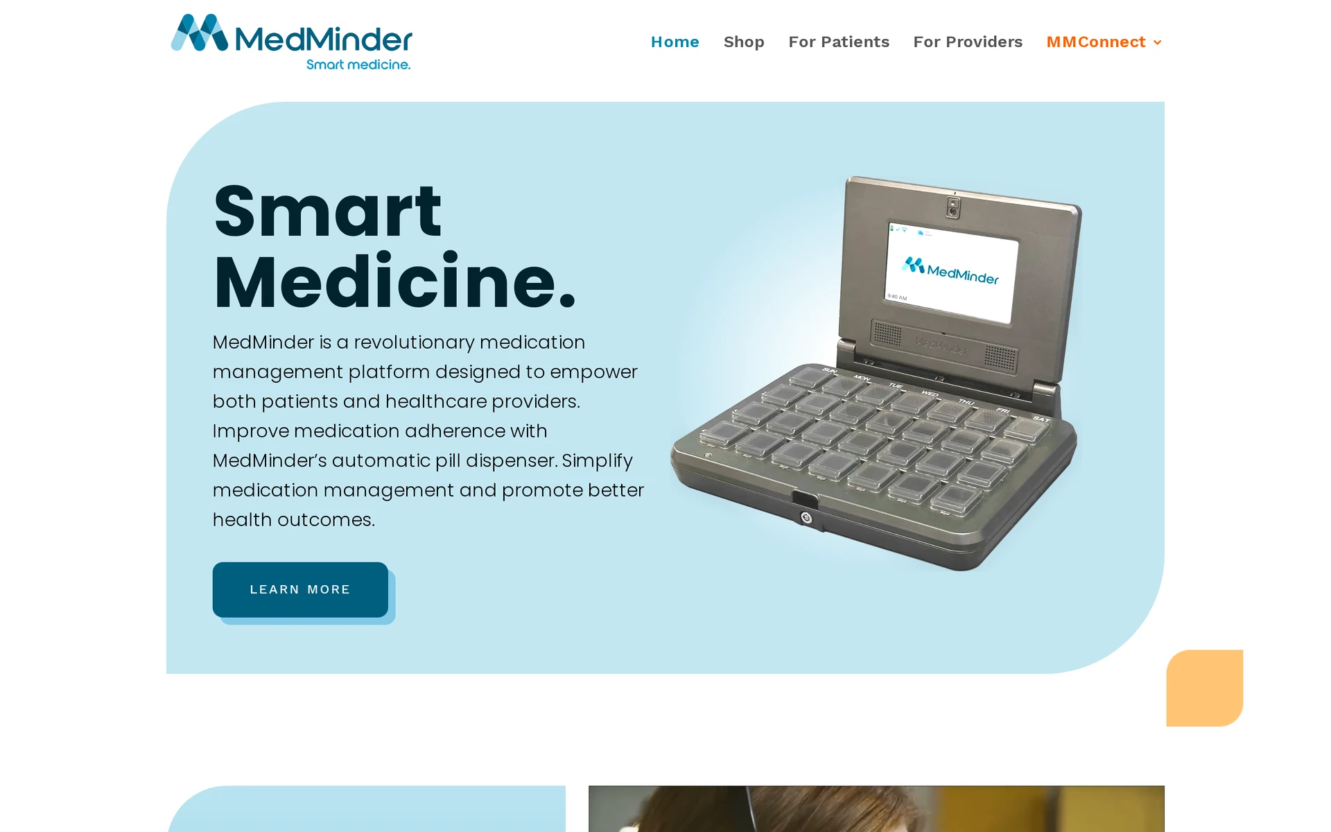 MedMinder dispenser and medication workflow MedMinder product page section showing the medication dispenser and caregiver-facing medication information
