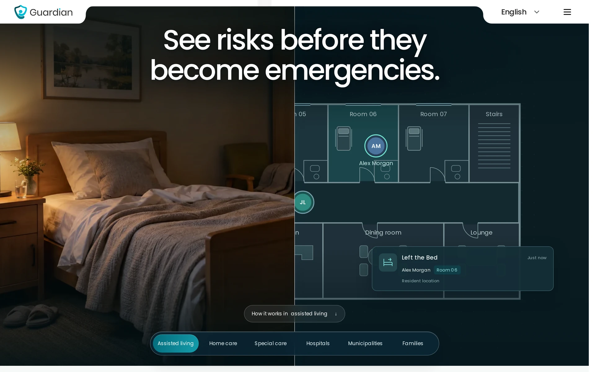 Guardian homepage introducing its care monitoring platform