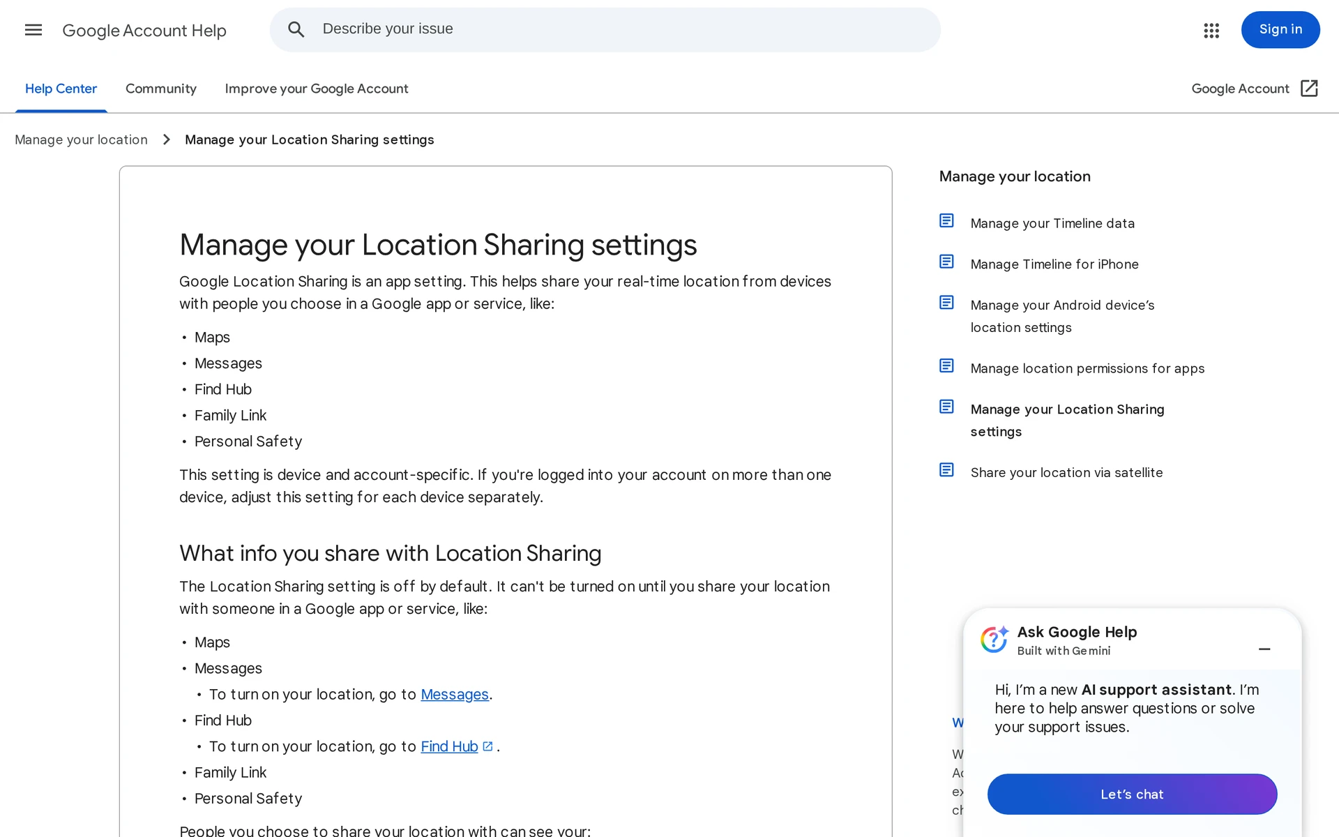 Google Maps help page showing the location sharing screen and its sharing controls