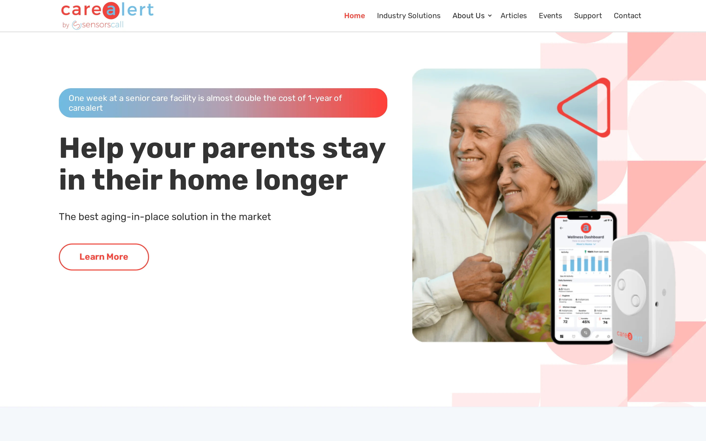 SensorsCall CareAlert landing page showing the plug-in nightlight-style multi-sensor device