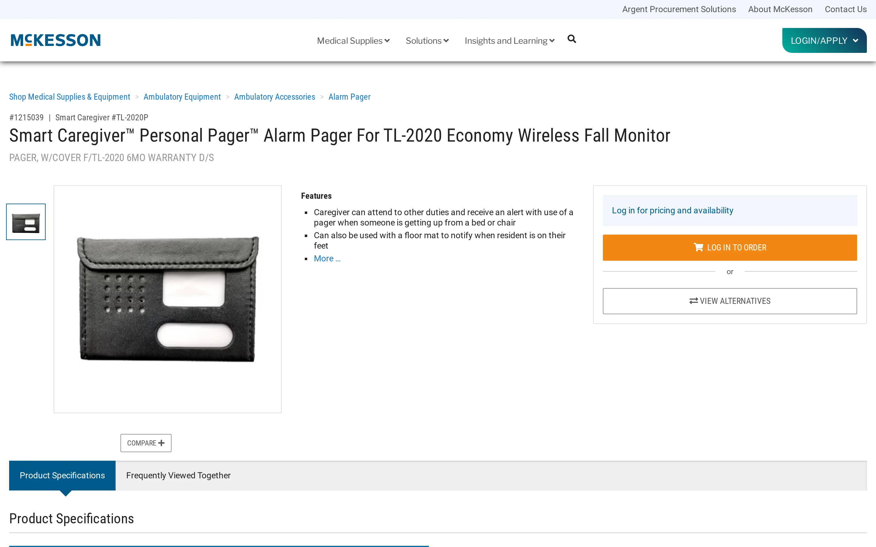 Smart Caregiver TL-2020P wireless alarm pager shown on a medical supply product page