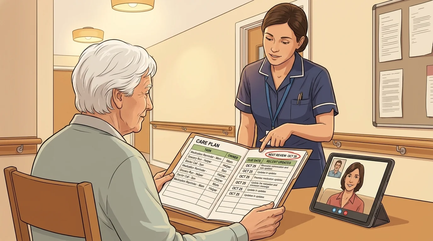 WikiHow-style illustration of an older parent, a local helper, and a remote family member reviewing a shared care plan