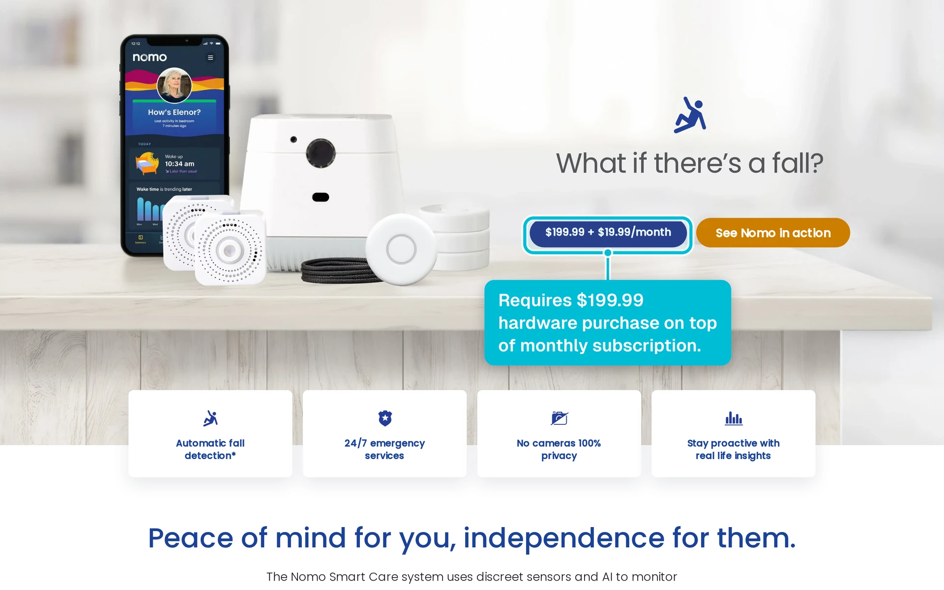 Nomo Smart Care home monitoring kit with hub and app for family caregiver alerts