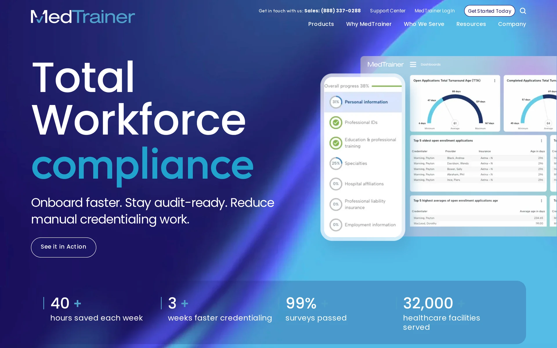 MedTrainer’s official page with a workforce compliance dashboard preview.