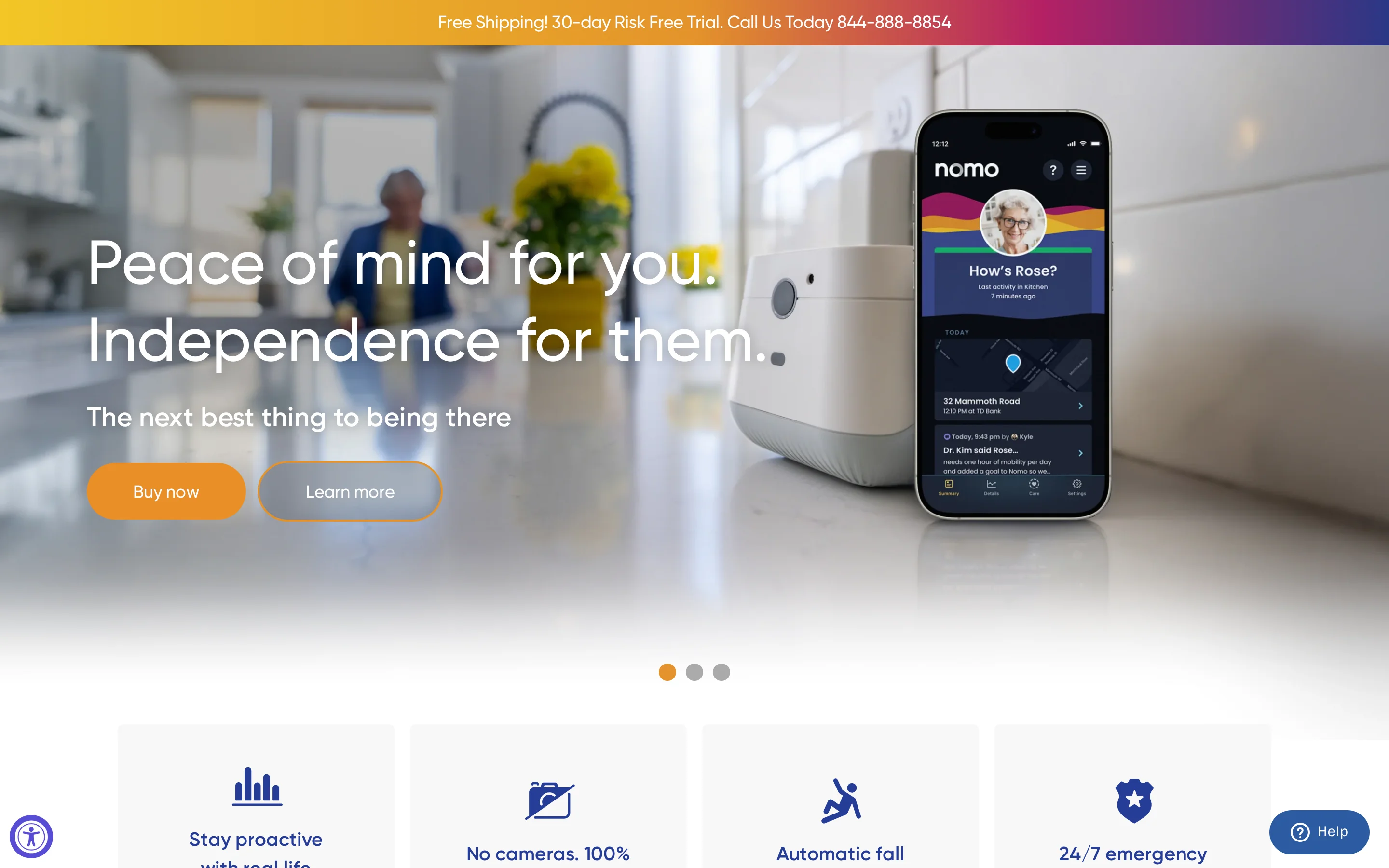 Nomosmartcare homepage showing the Essential Care Kit hub, sensors, and app