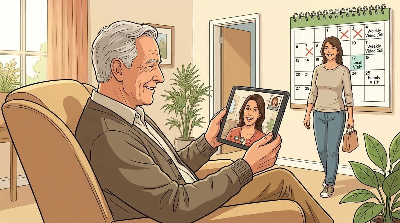 WikiHow-style illustration of an older parent on a video call while a local helper arrives