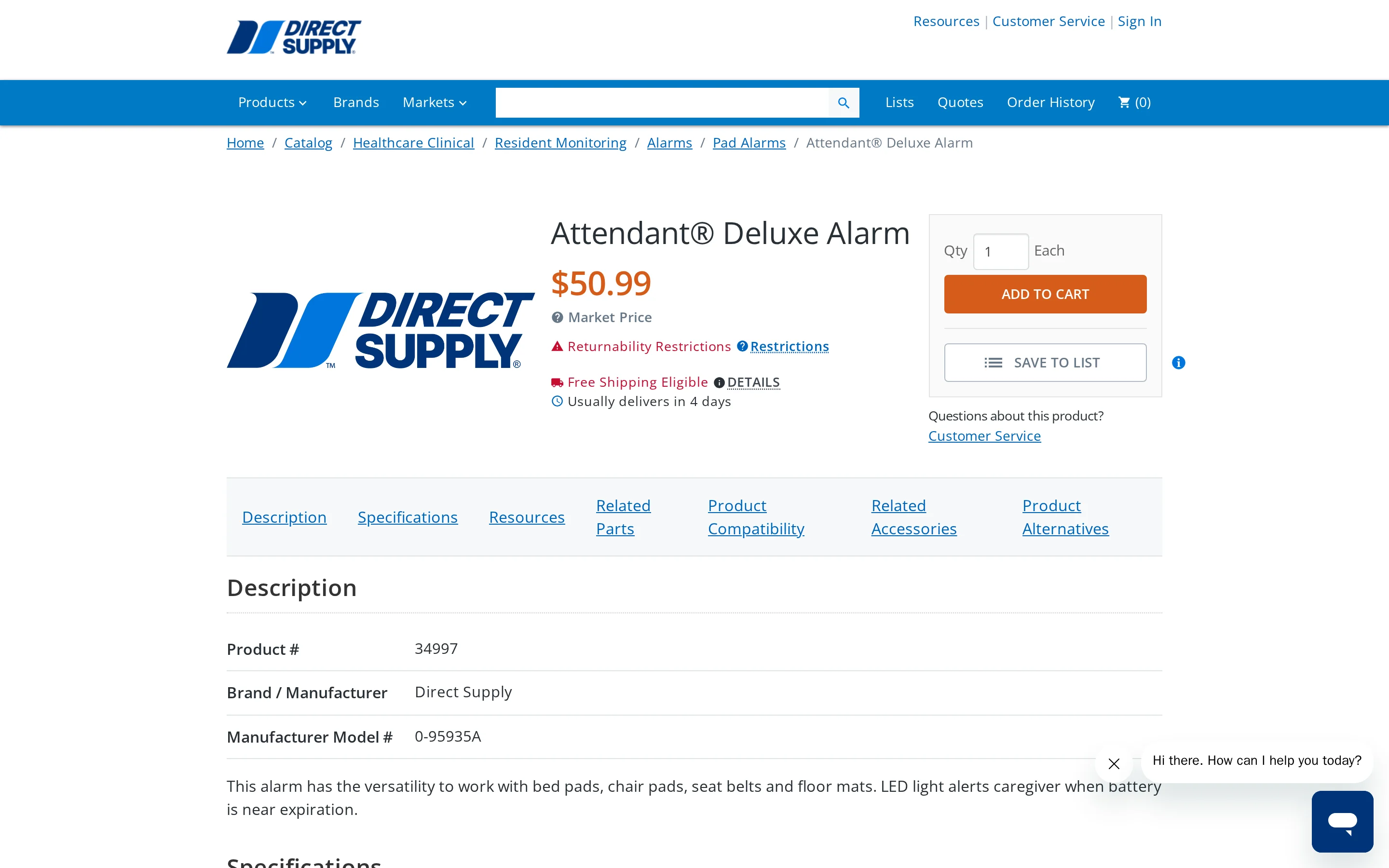 Direct Supply Attendant Deluxe Alarm product page showing the attendant alarm unit