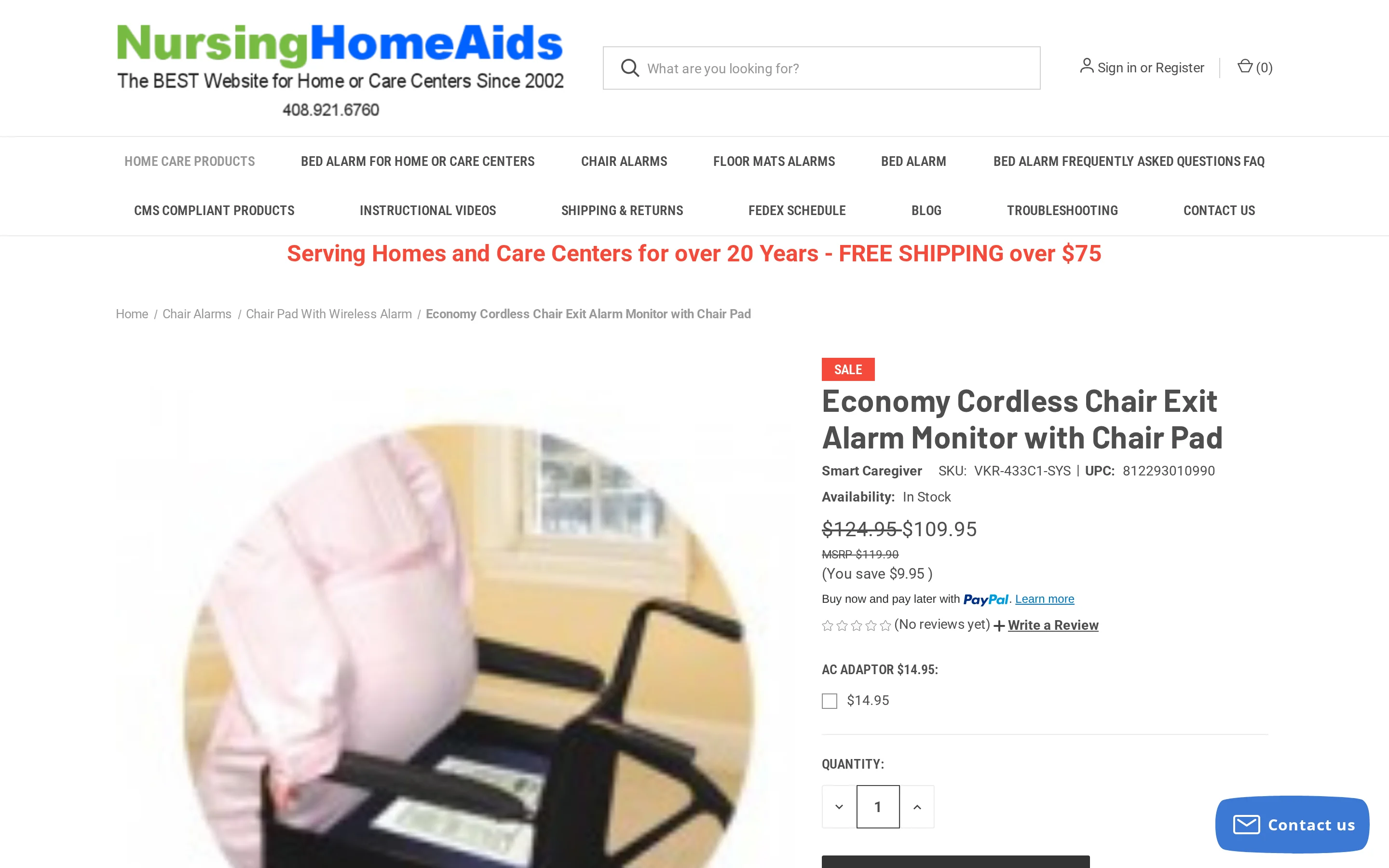 Nursing Home Aids Economy Cordless chair alarm product page showing the monitor and chair pad