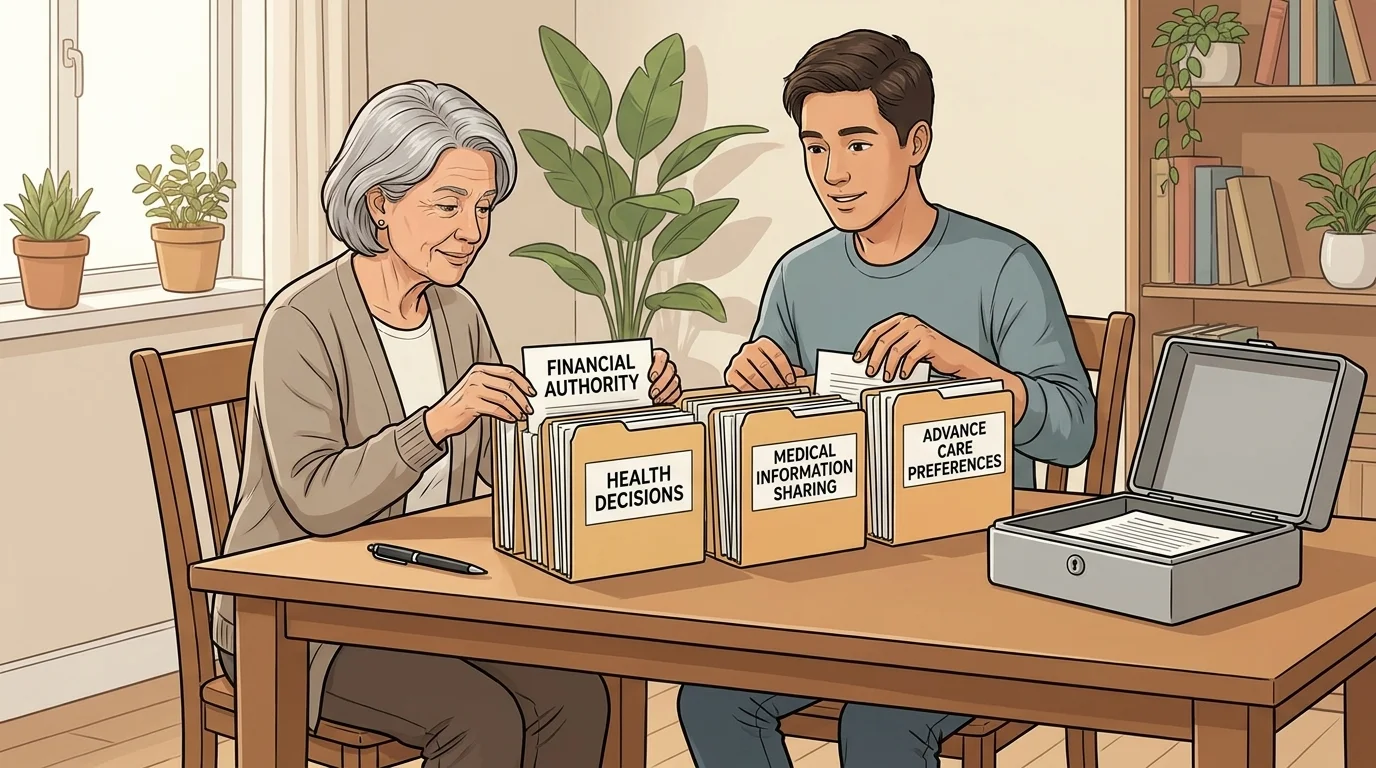 WikiHow-style editorial illustration of an older parent and adult child organising legal documents at a table into four fo...