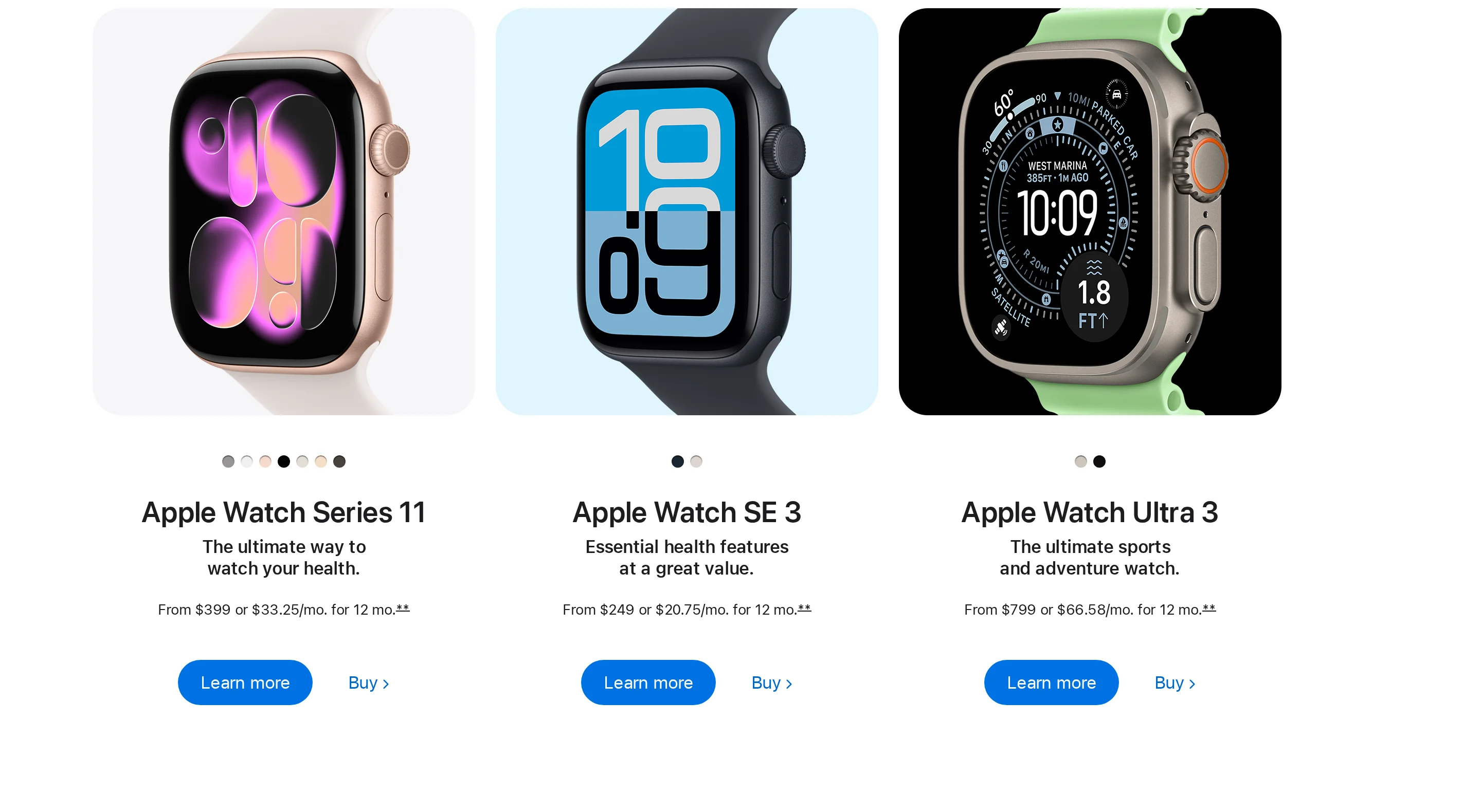 Apple Watch product lineup showing current smartwatch case and band options