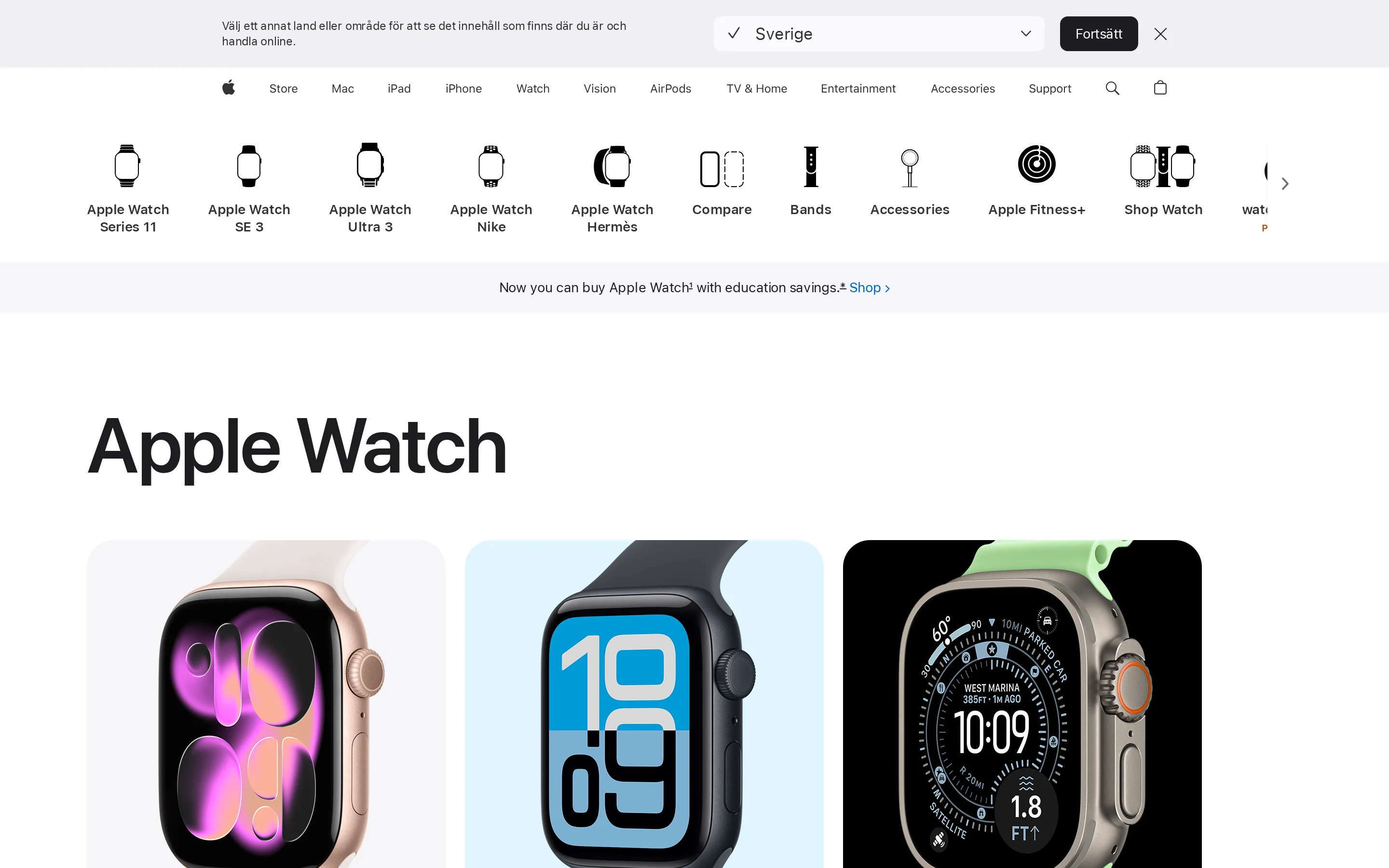Apple Watch product page showing the current smartwatch range