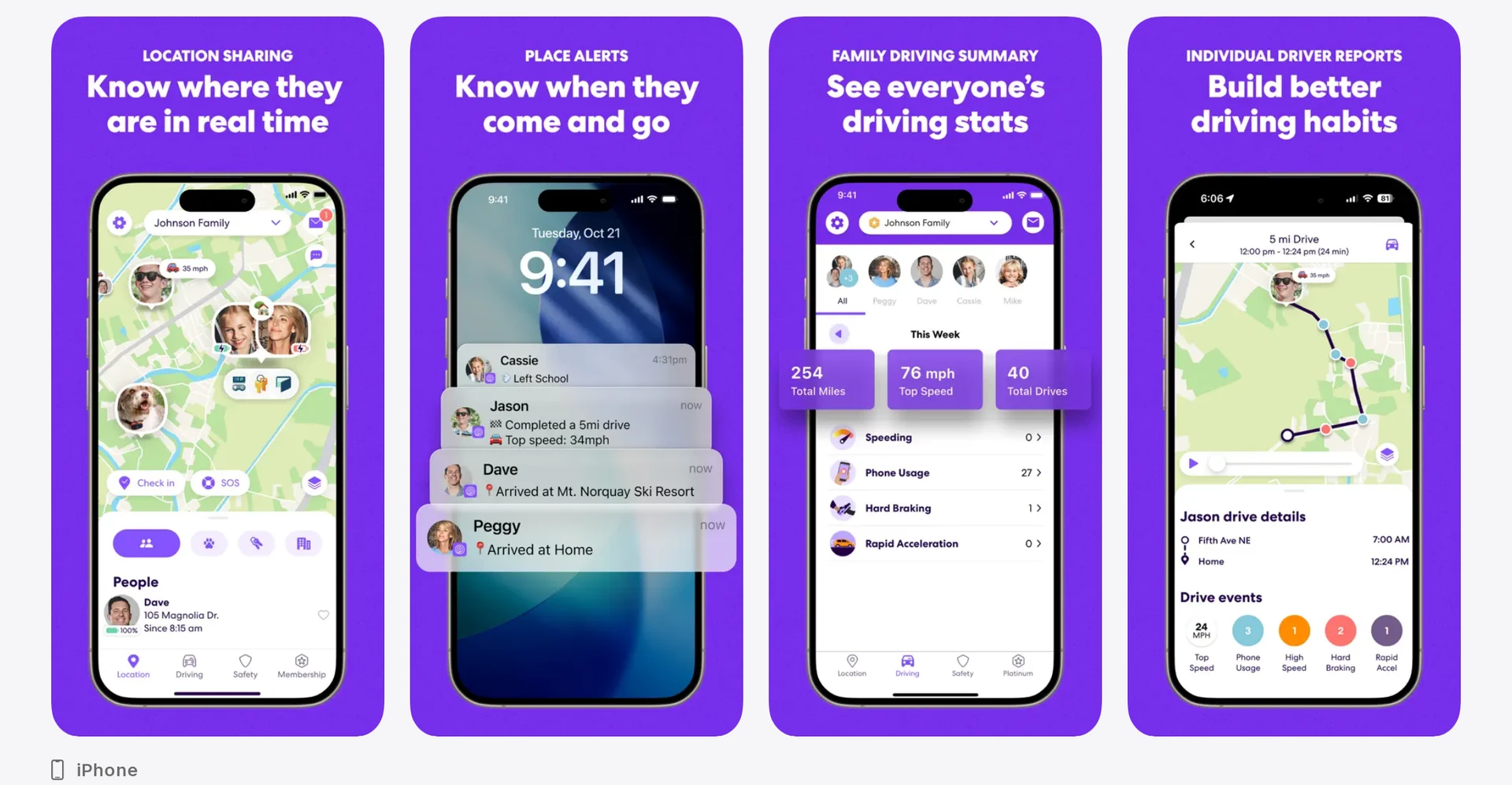 Life360 app store listing showing the app's family map previews with member locations and place alerts