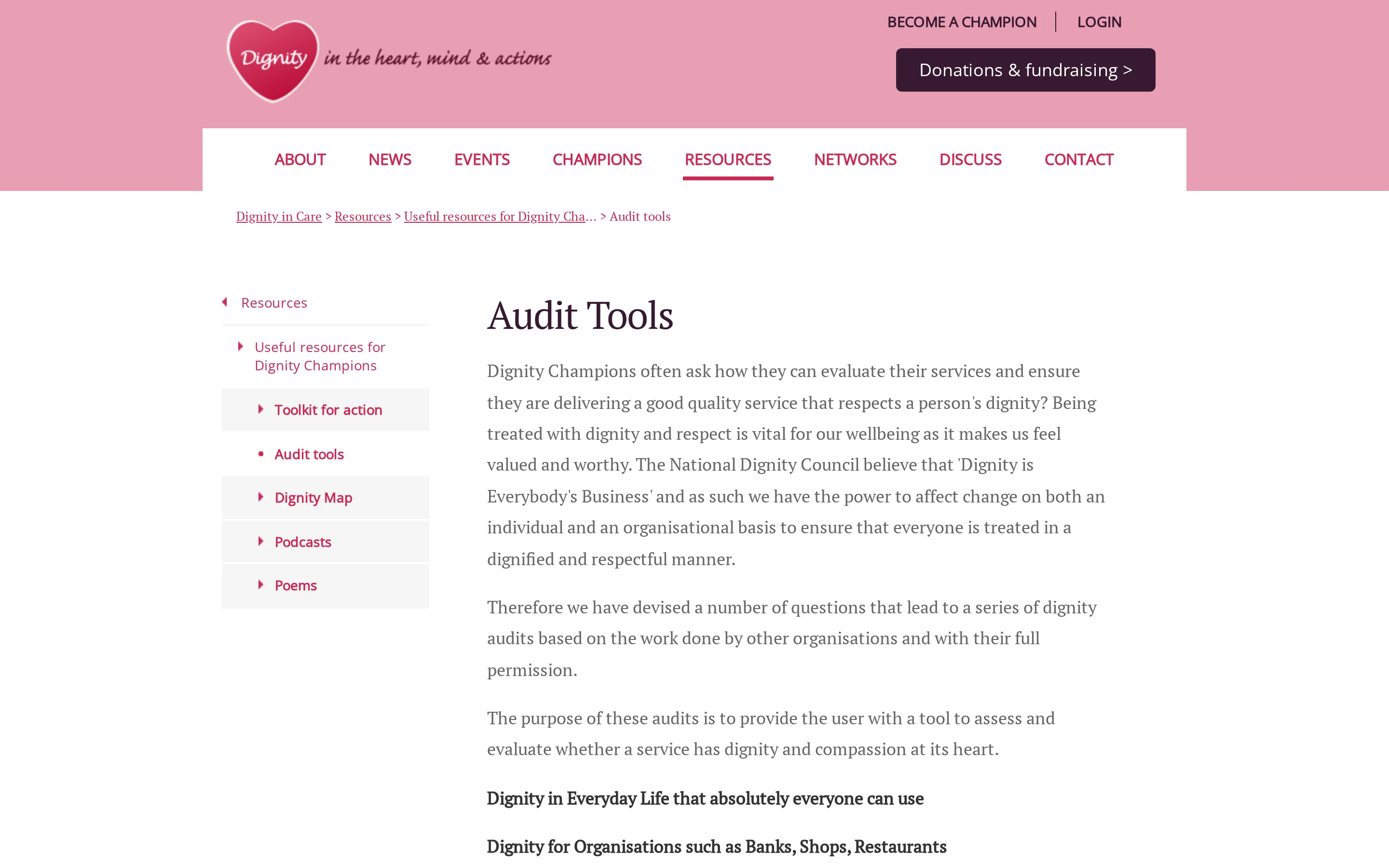 Dignity in Care audit tools free self-reflection checklists for dignity and respect