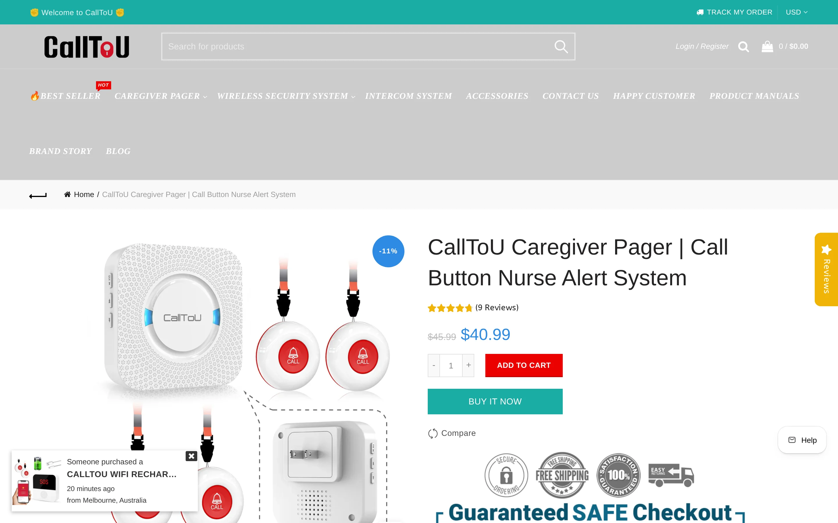 CallToU caregiver pager product page showing the call button and receiver kit