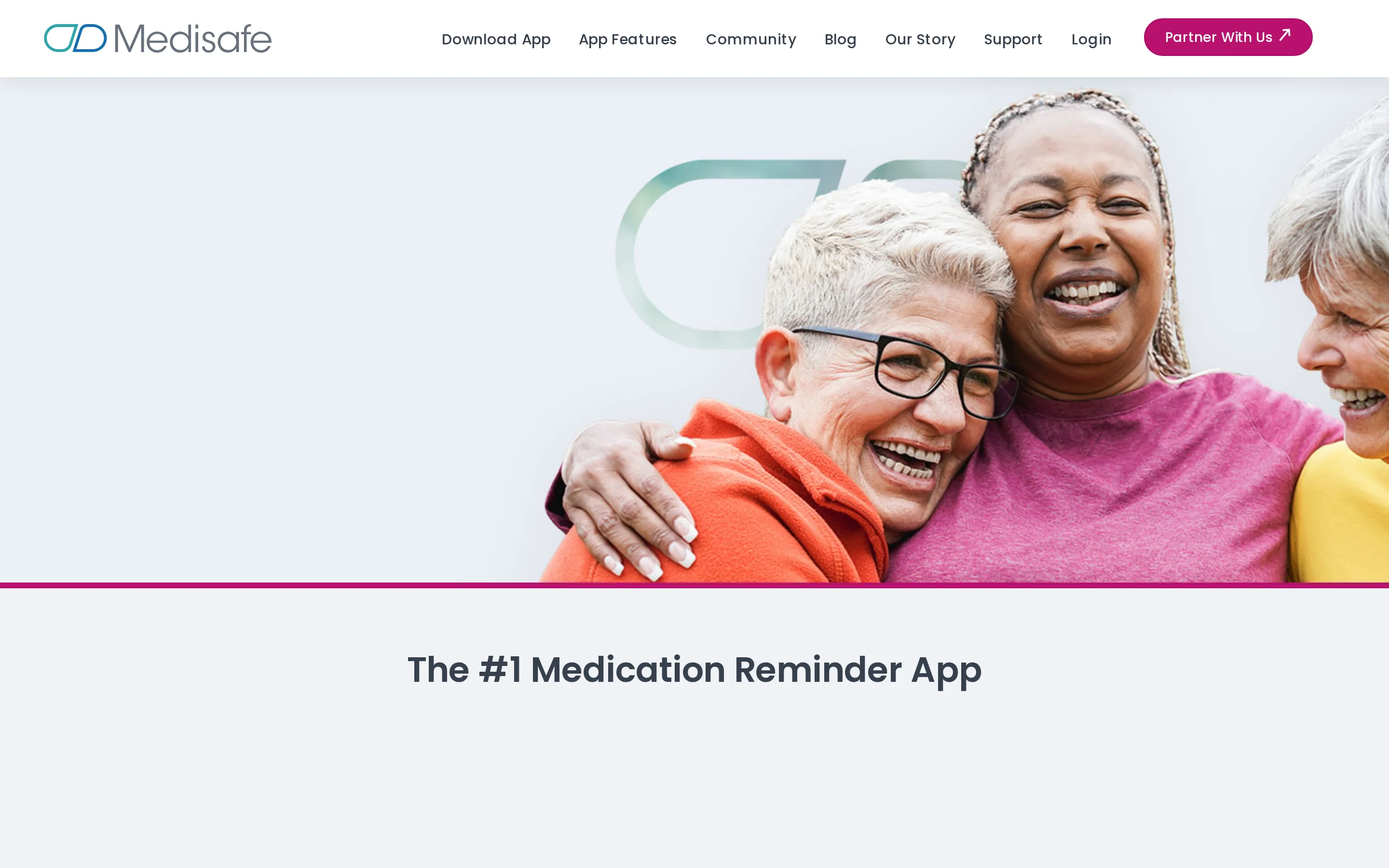 Medisafe official product page showing the app's medication schedule and dose reminder screens