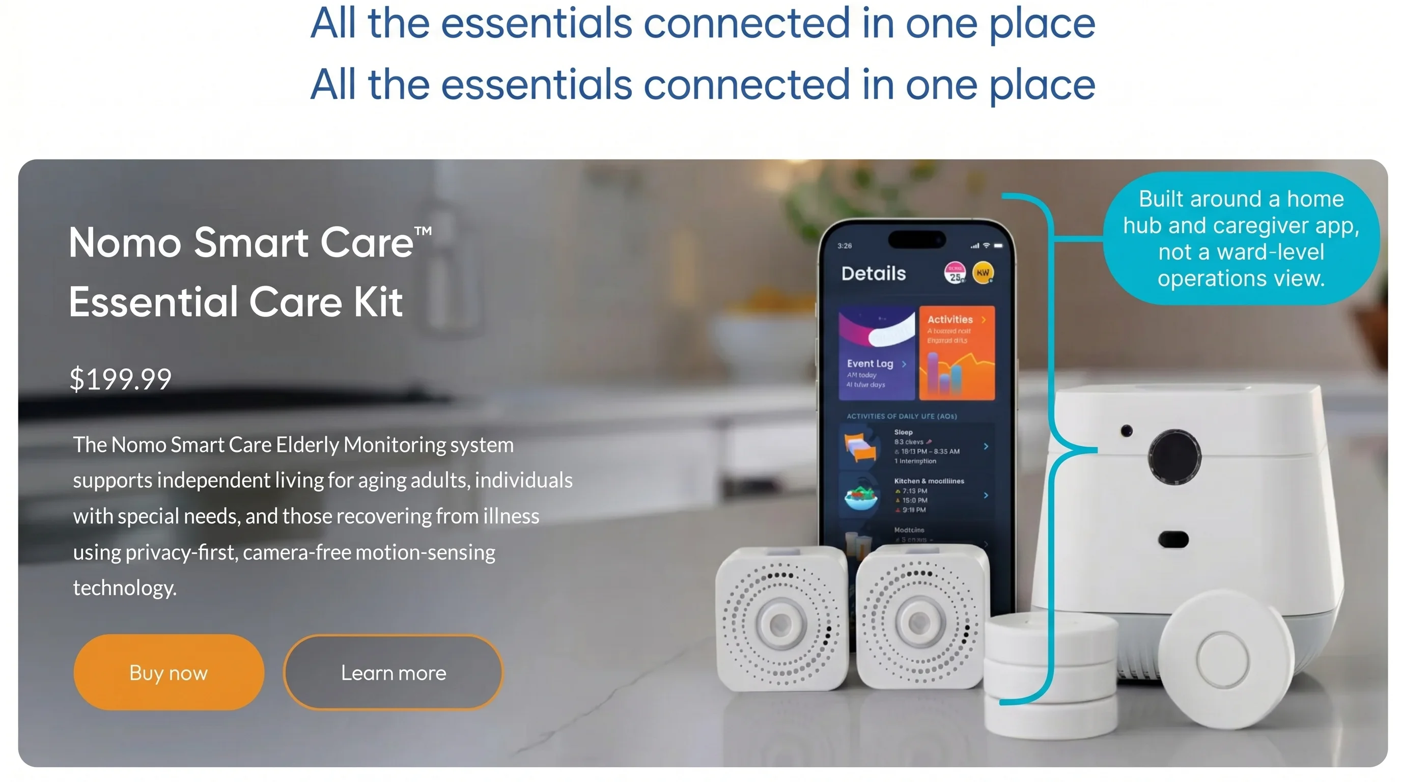 Nomo Smart Care home monitoring kit with hub and app for family caregiver alerts