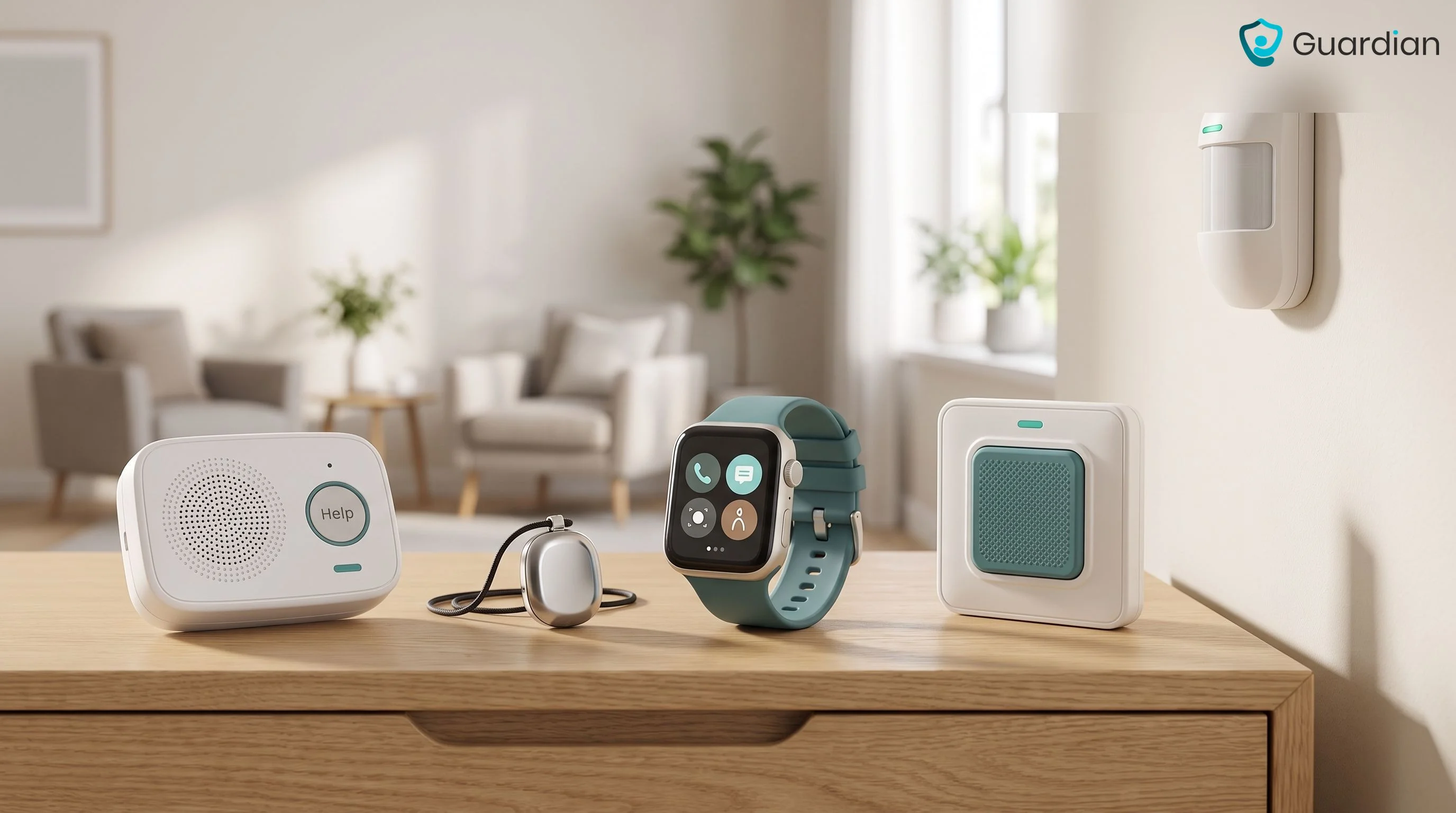 A side-by-side overview of an in-home base unit, GPS pendant, smartwatch, wall button, and passive room sensor