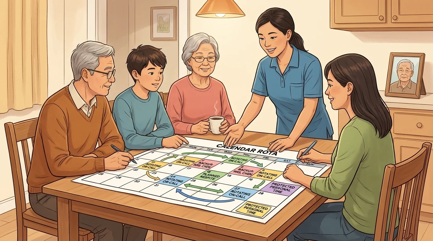 WikiHow-style illustration of family members and a helper cooperatively planning a care rota around a table.