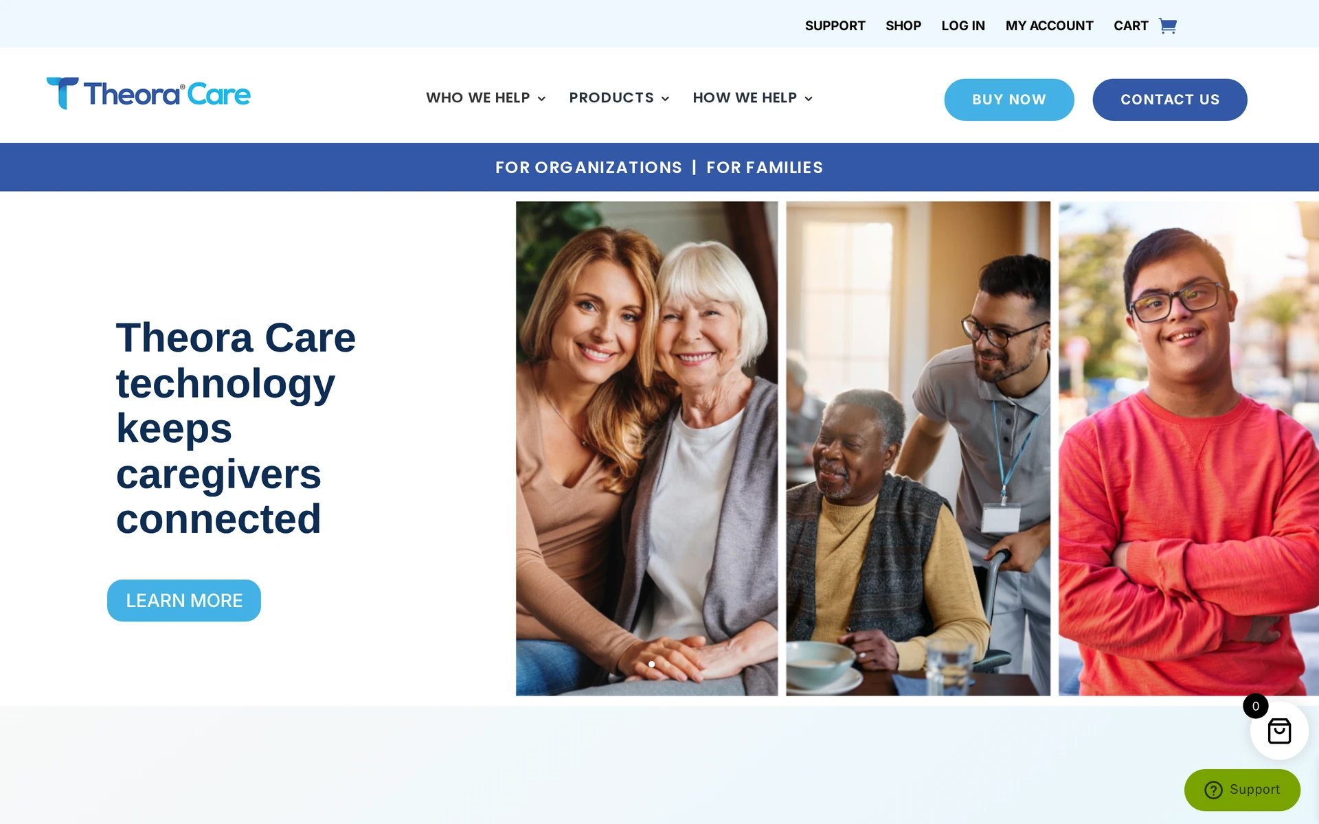 Theora Care site showing the Theora Connect watch and its caregiver features