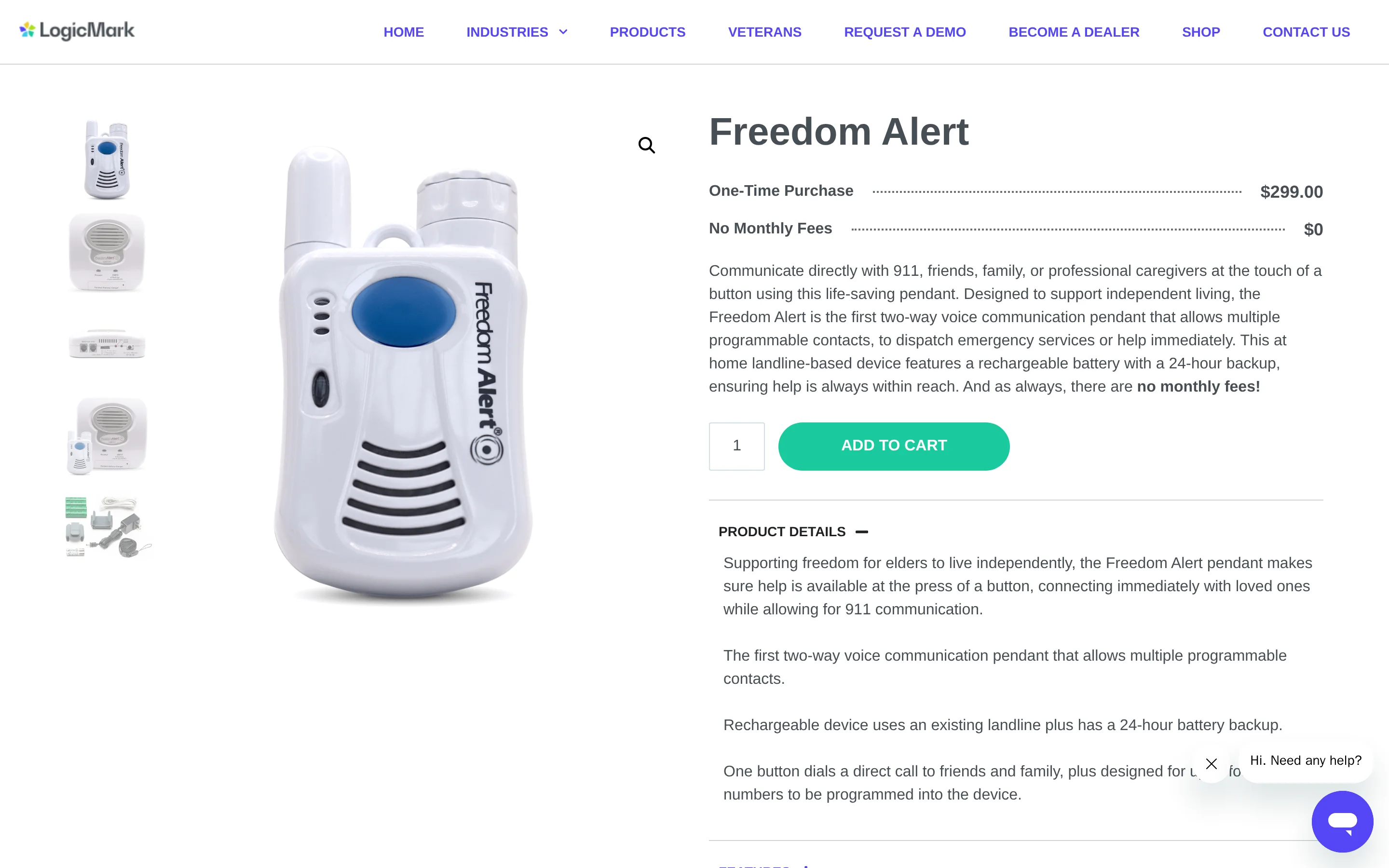 Freedom Alert product page showing the landline communicator and wearable pendant
