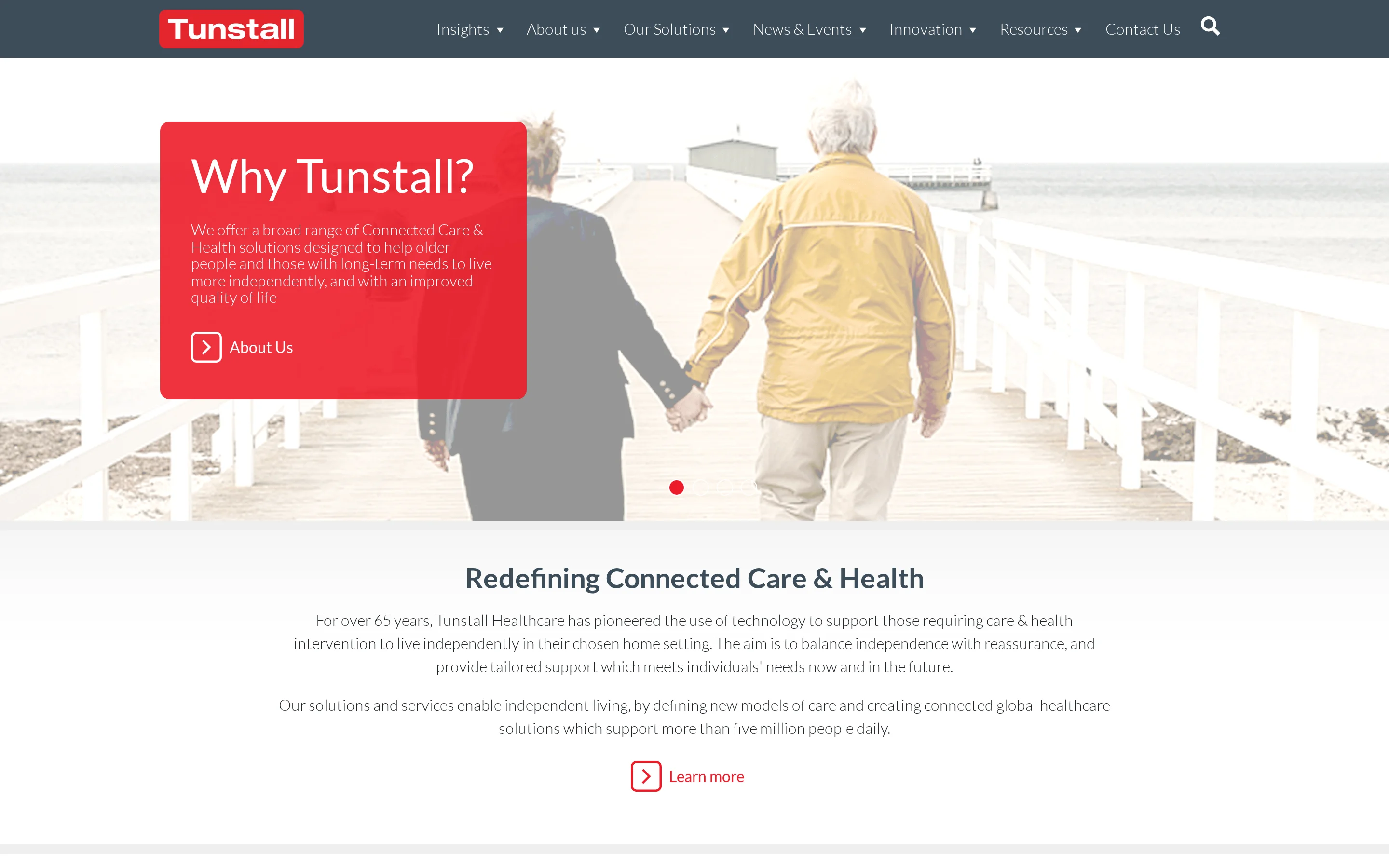 Tunstall Healthcare homepage hero showing telecare monitoring system