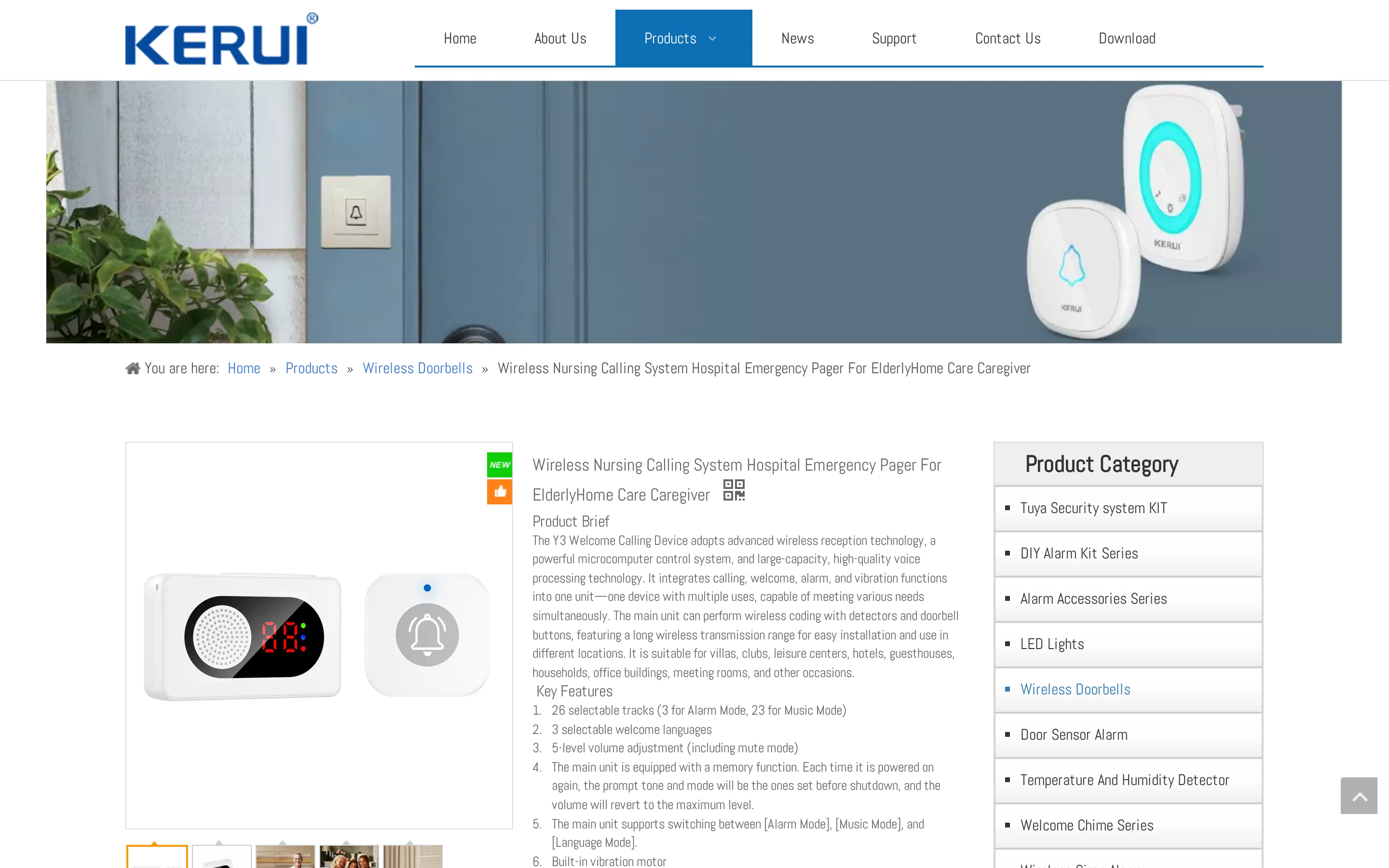 KERUI wireless nursing call system product page showing the receiver and call buttons