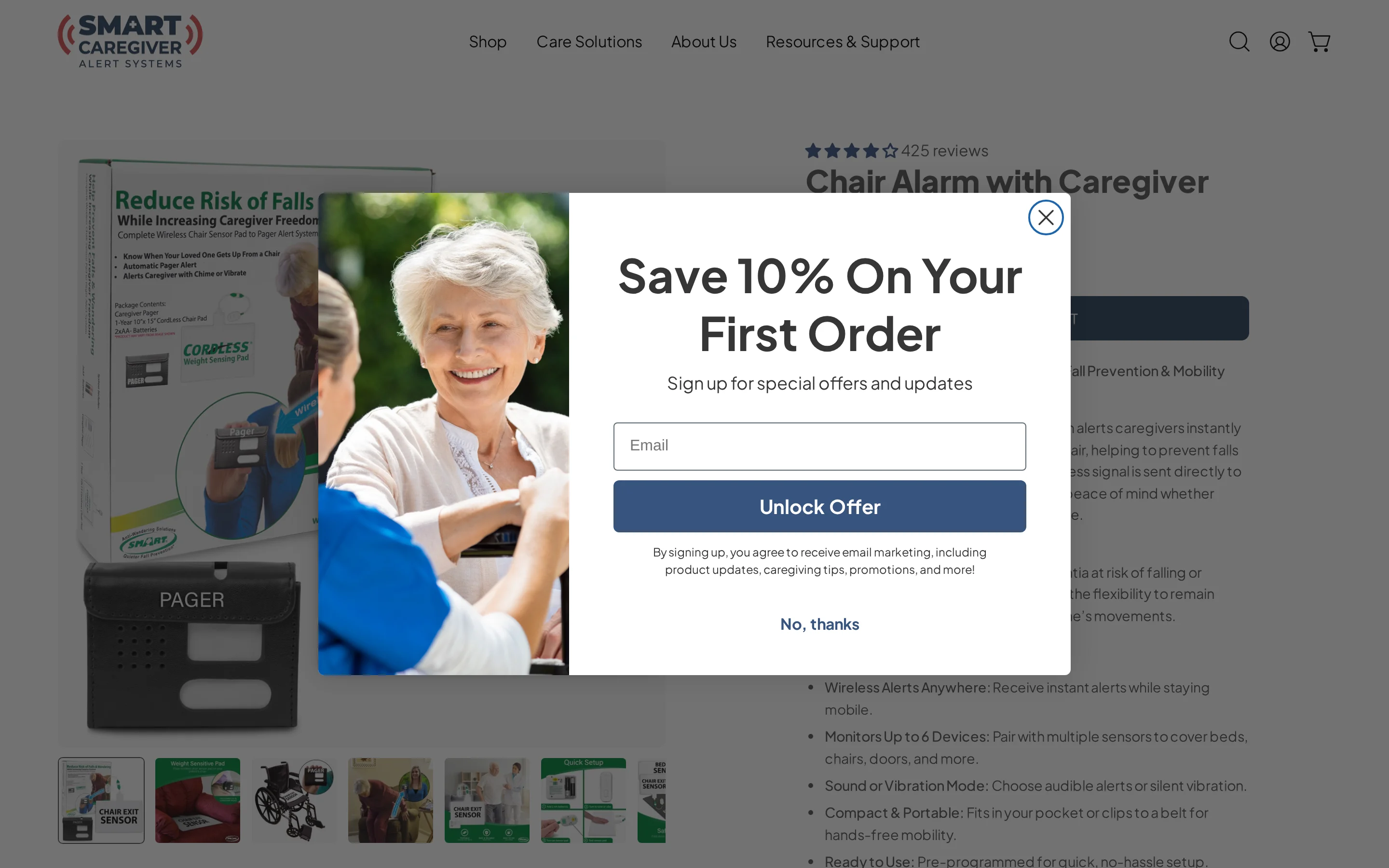 Smart Caregiver chair exit alarm product page showing a wireless chair pad and caregiver pager