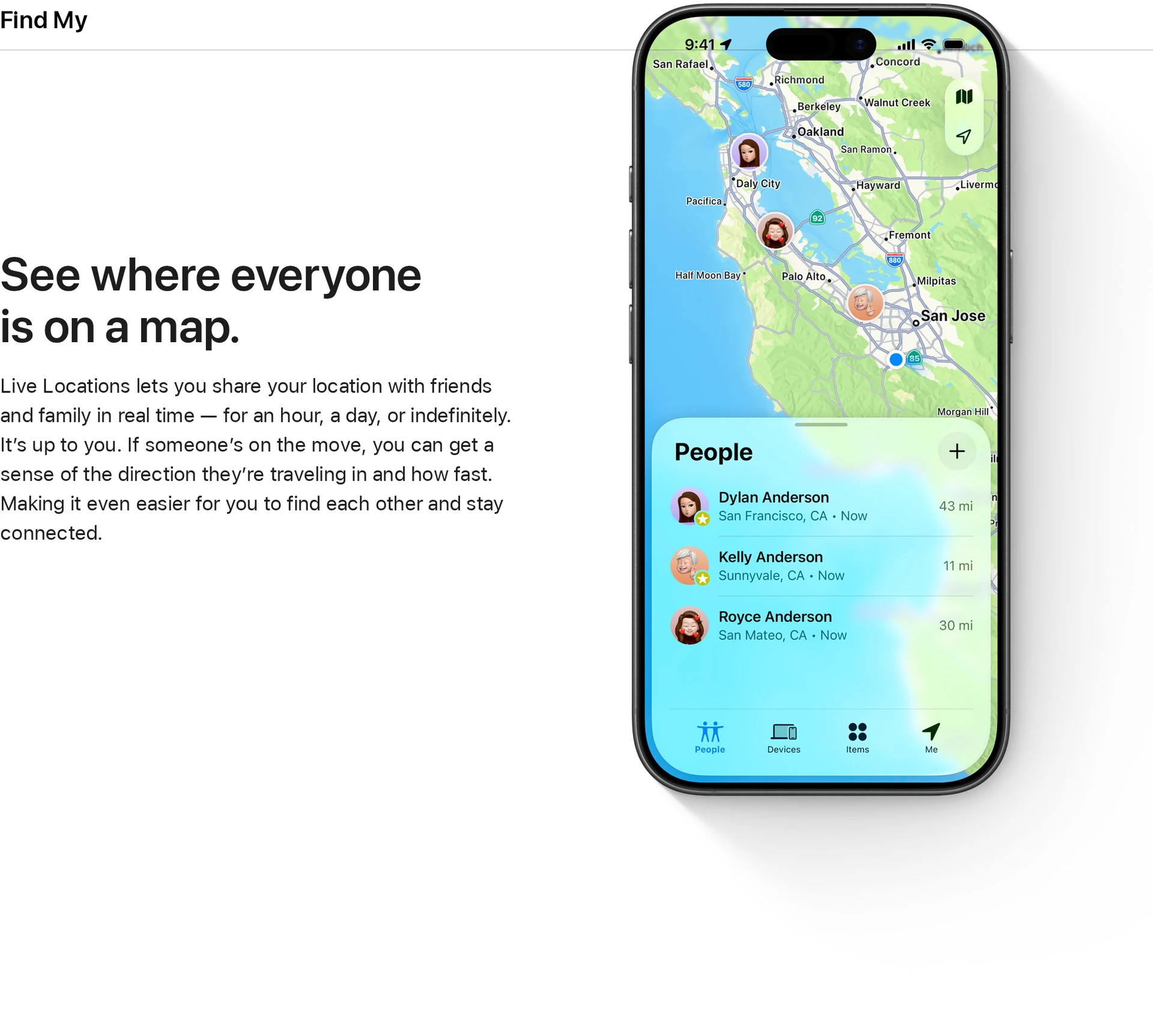 Apple's Find My page showing the app interface with shared person location and notification controls